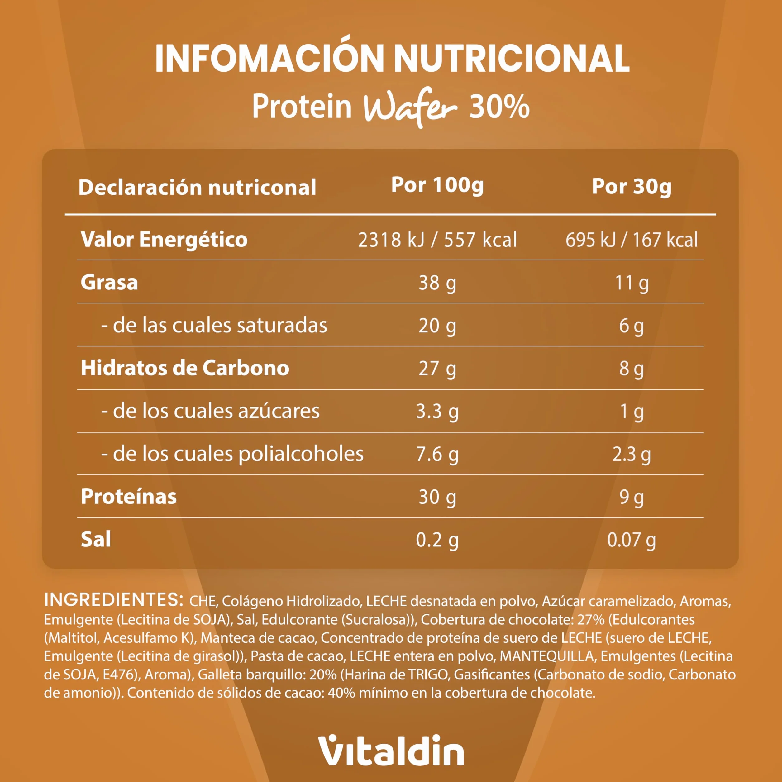 VITALDIN Protein Wafer 30% Caramelo salado Barritas Proteicas sin Azúcares Añadidos Colágeno Hidrolizado