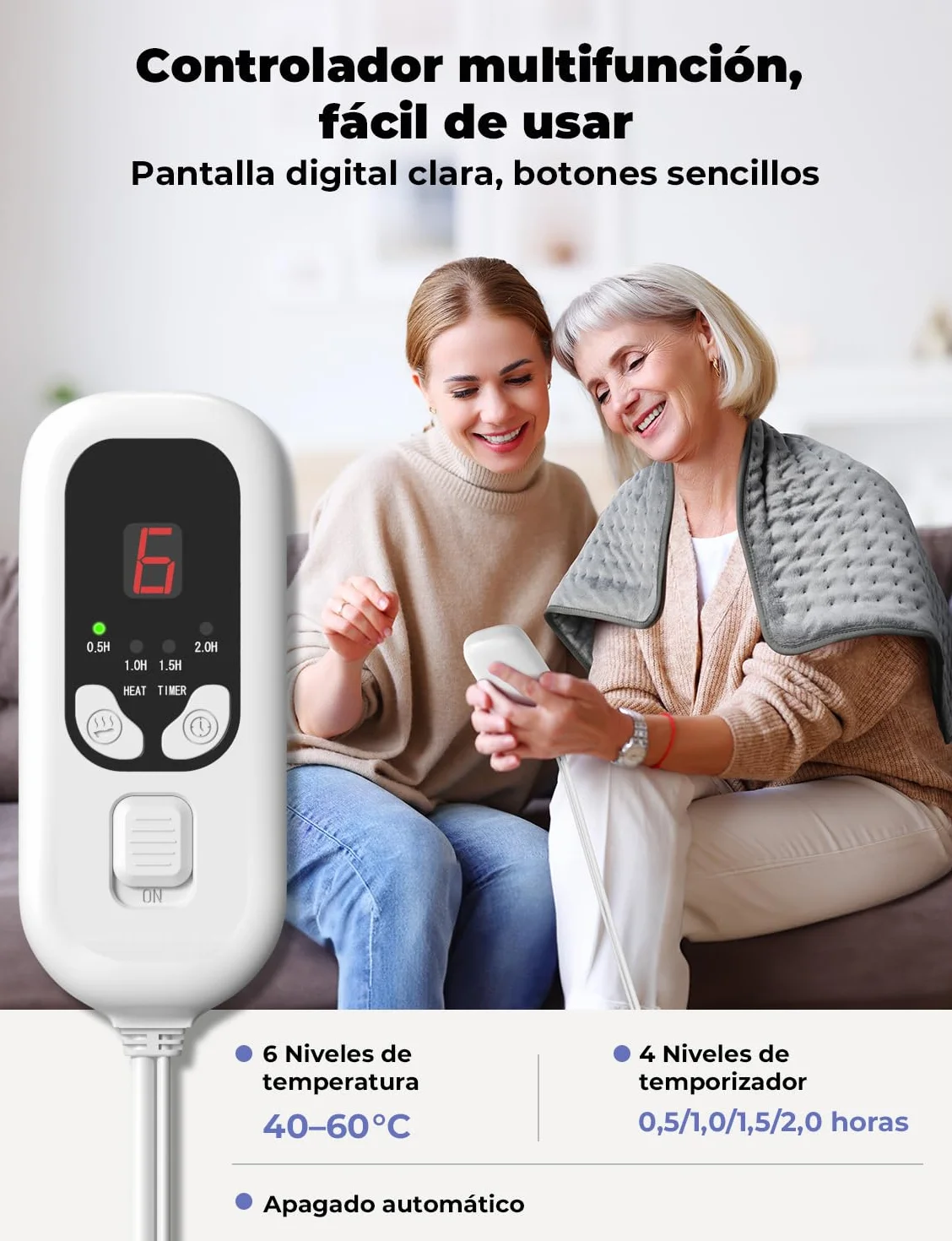 Manta Electrica 84x43 cm 6 Temperaturas 4 Configuraciones de Temporizador Calentamiento Rápido Lavable a Máquina Apagado Automático para Espalda Hombros Abdomen