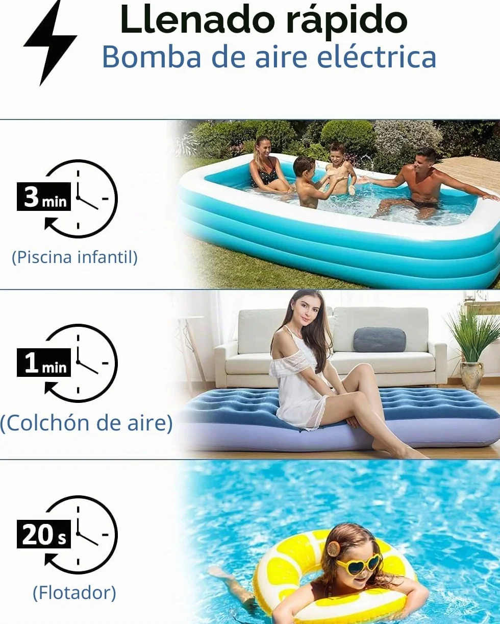 Inflador Eléctrico con Batería Recargable - Bomba para Colchón Hinchable, Paddle Surf, Kayak - Infla/Desinfla con 4 Boquillas