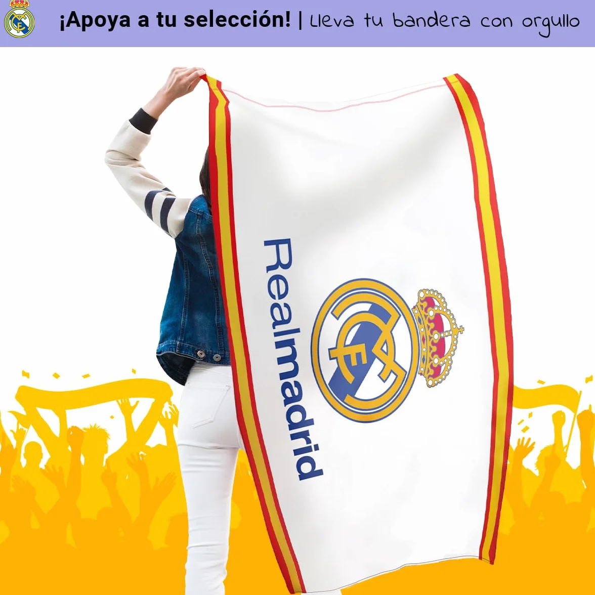 Bandera oficial del Real Madrid Club de Fútbol + Llavero 15 Champios | 150 x 100 cm - Escudo del Real Madrid y borde con colores de España | Producto Oficial