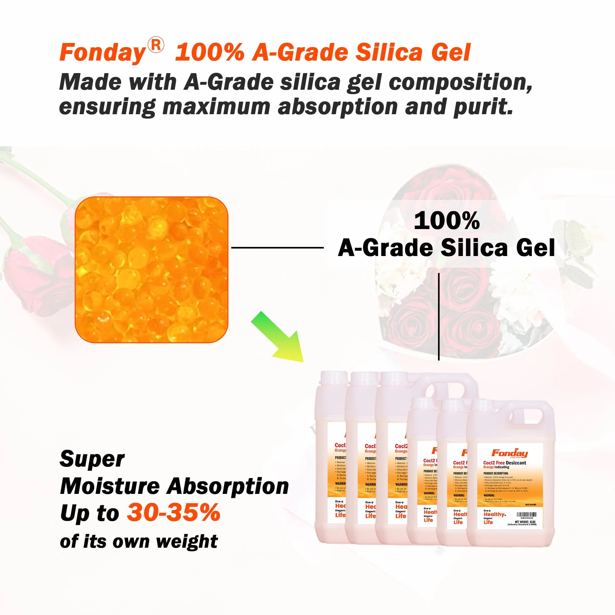 Fonday Premium Moisture Indicating Silica Gel Desiccant Beads Orange to Green 3-5 mm Rechargeable