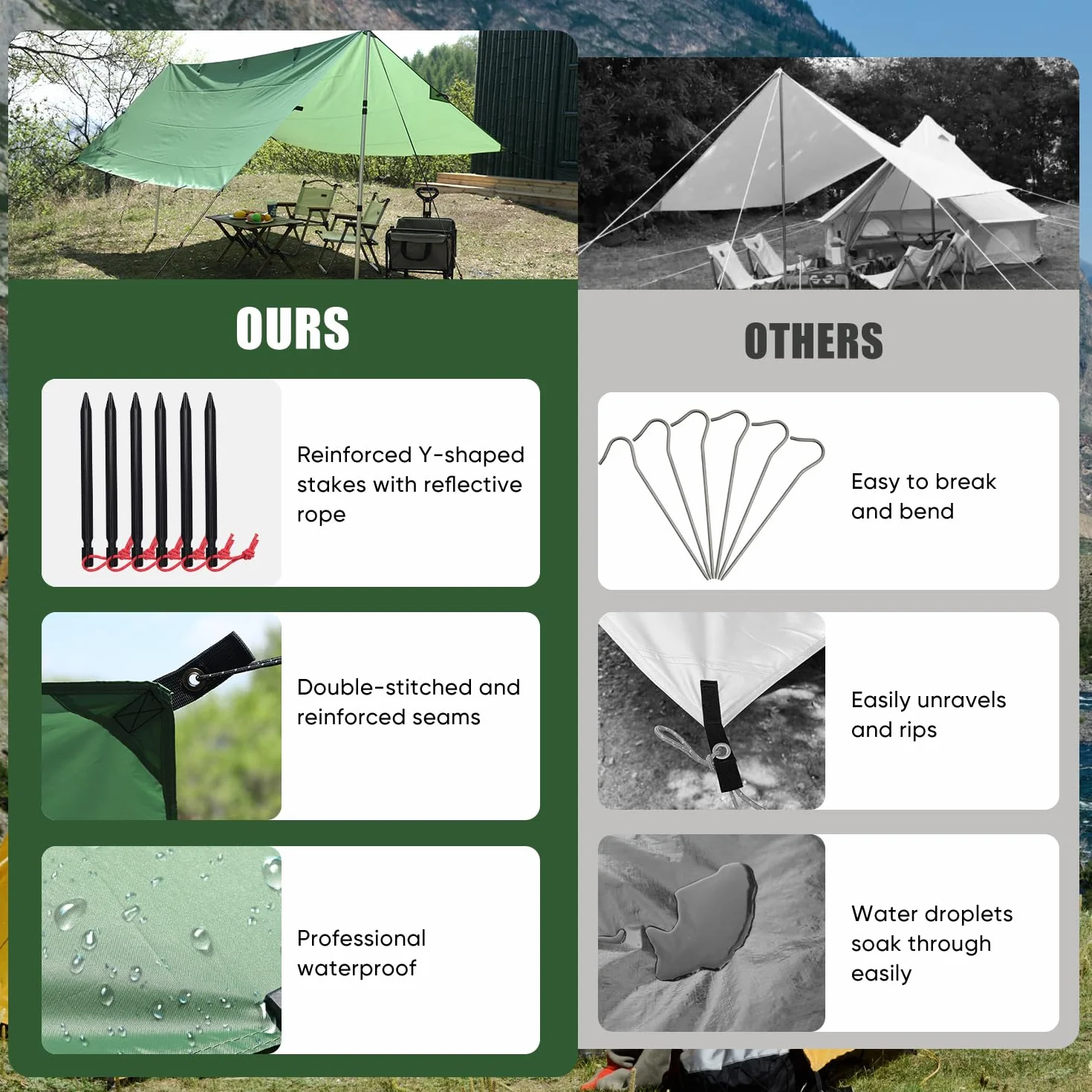 Lona impermeable 3 x 3, lona ultraligera, lona de camping con 19 ojales, pasadores de aluminio, cuerdas de nailon, clips para tiendas de campaña, anti UV, nieve y lluvia, para camping
