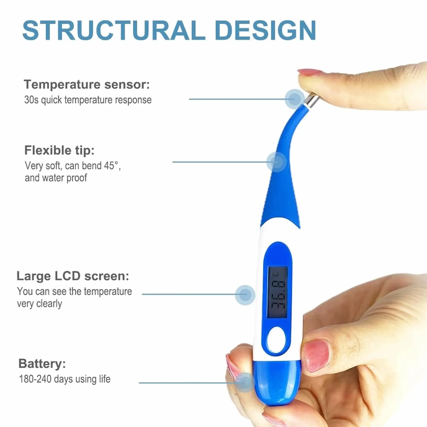 Berrcom Termómetro Digital Flexible Bucal y Antebraquial Impermeable con Alarma de Fiebre