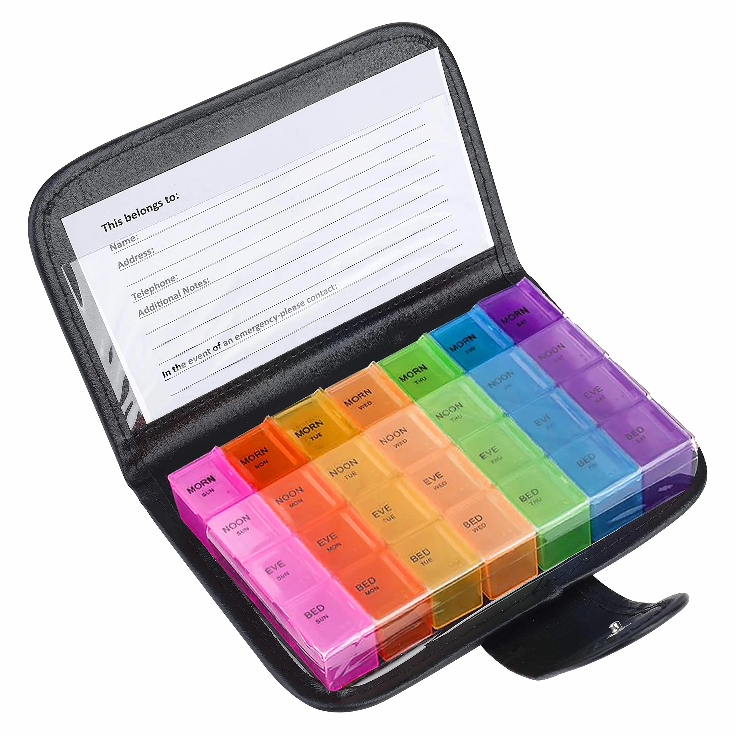 Pastillero Organizador Semanal 7 Días 28 Compartimentos Multicolor con Estuche de Cuero