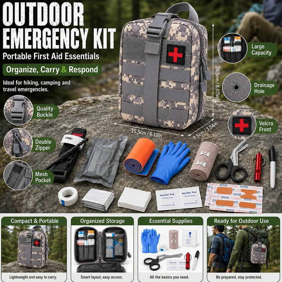 Juego de primeros auxilios militares para exteriores, 61 unidades, kit de primeros auxilios militares, relleno de Ifak, kit de emergencia, kit de supervivencia para acampar al aire libre, caza