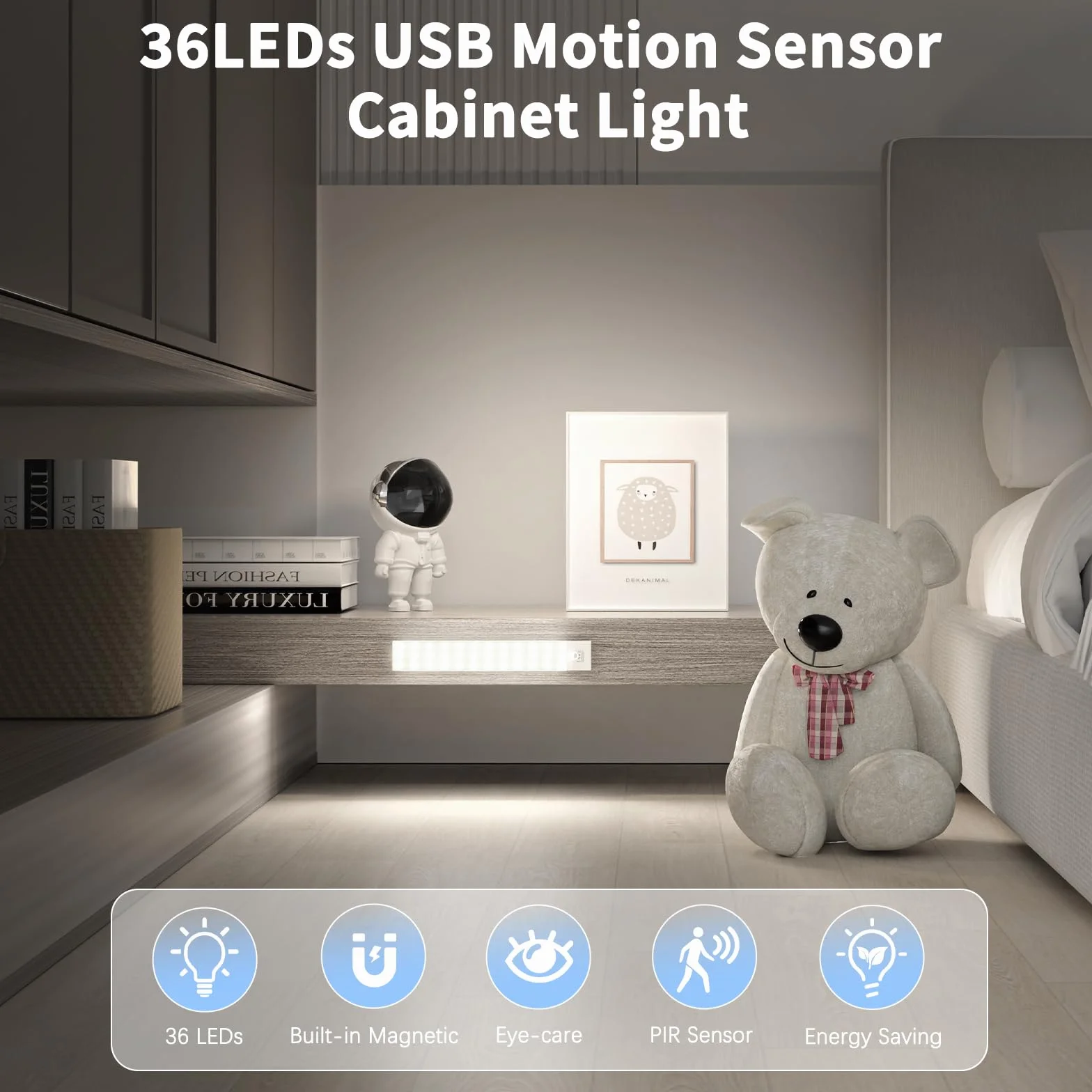 OUILA Luz LED Armario Magnética con Sensor Movimiento Blanco Natural 5000K 36 LEDs 4 Modos Recargable USB 1000mAh 2 Piezas
