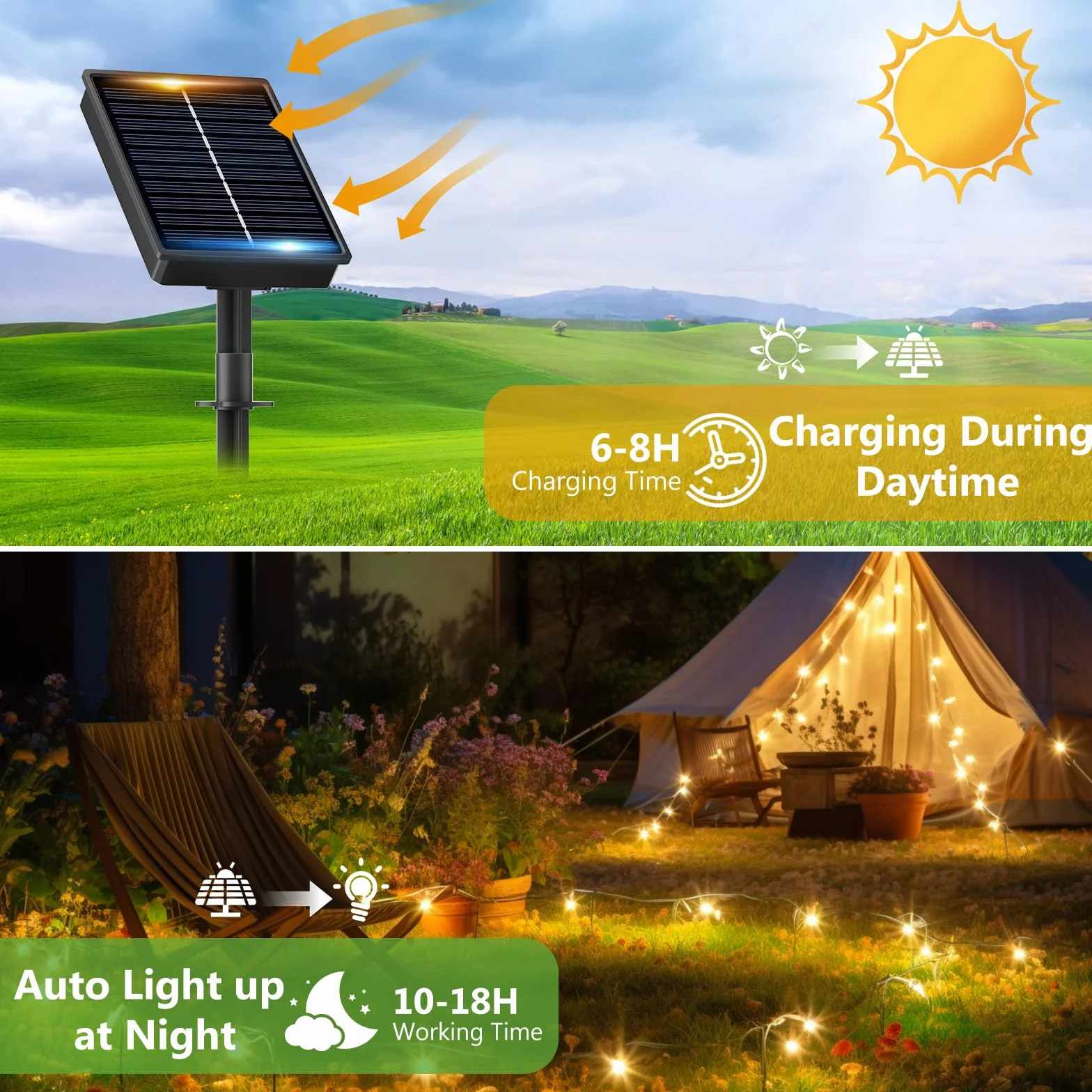FIFlying Guirnalda Luces Exterior Solar 120 LED IP65 Blanco Cálido 8 Modos 3x12M