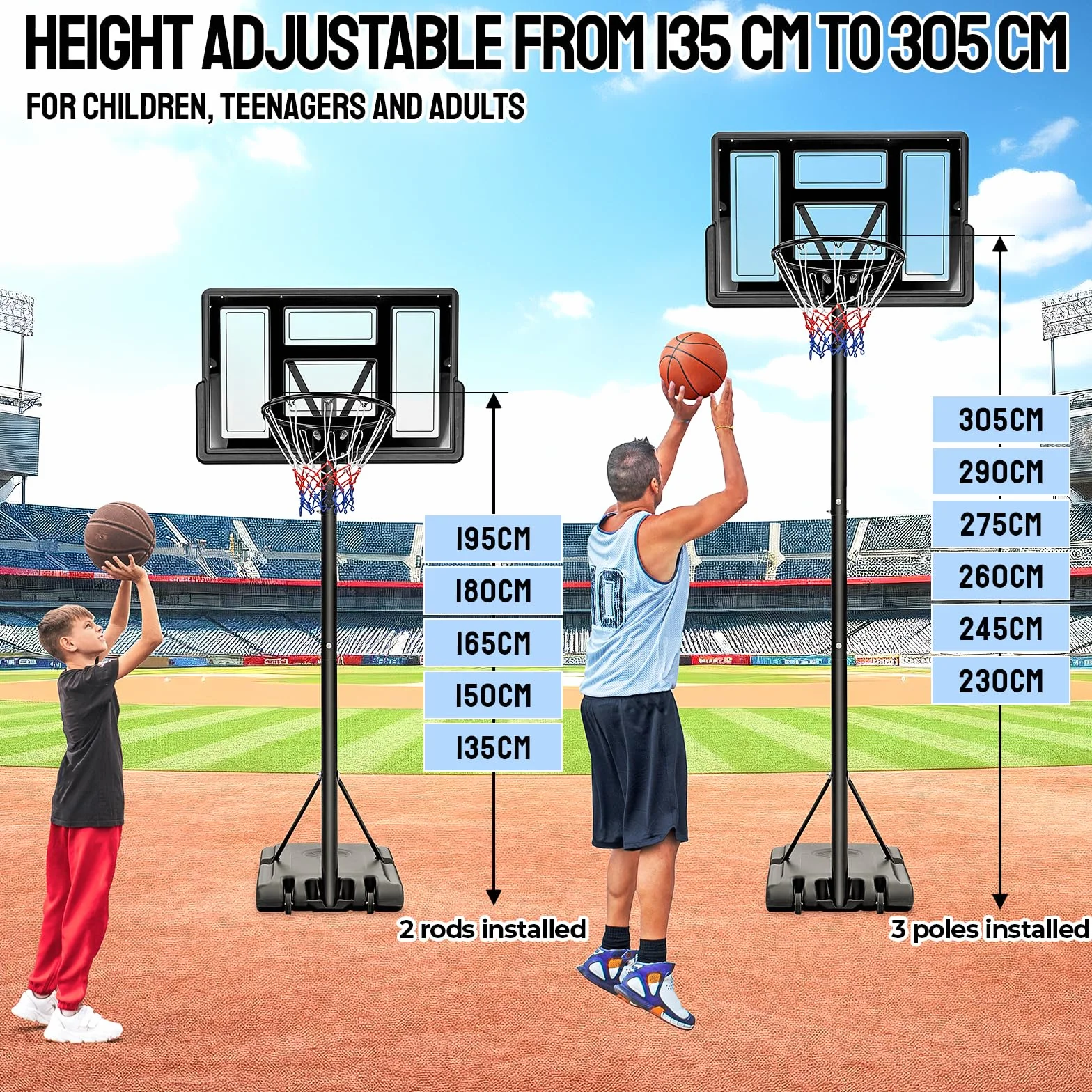 Canasta de baloncesto portátil con ruedas, altura ajustable 230-304 cm, para niños y adultos