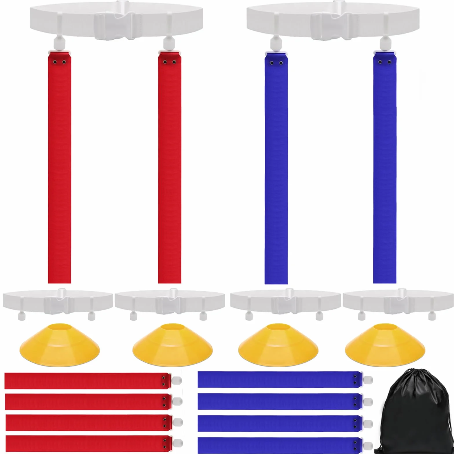 Anglekai - Juego de 4 cinturones de fútbol con banderas, cinturones de fútbol y banderas con 4 banderas rojas, 4 banderas azules, 4 cinturones de fútbol, conos de disco 4P, bolsa de almacenamiento