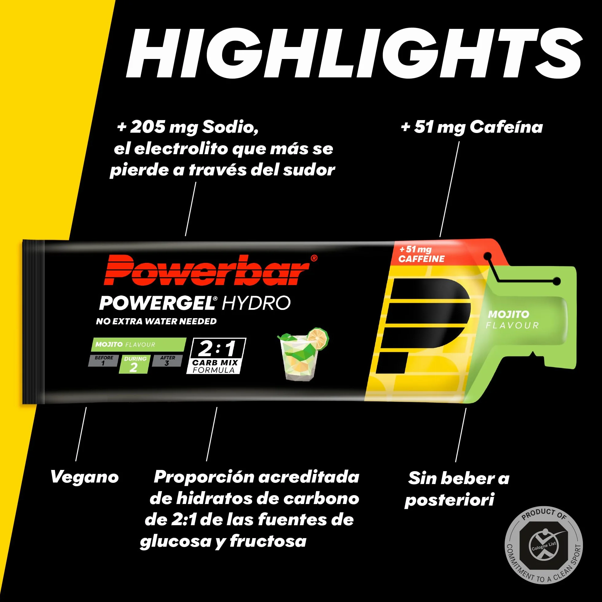 PowerGel Hydro Mojito 24x67ml Gel energético alto en carbohidratos Sodio 51mg cafeína