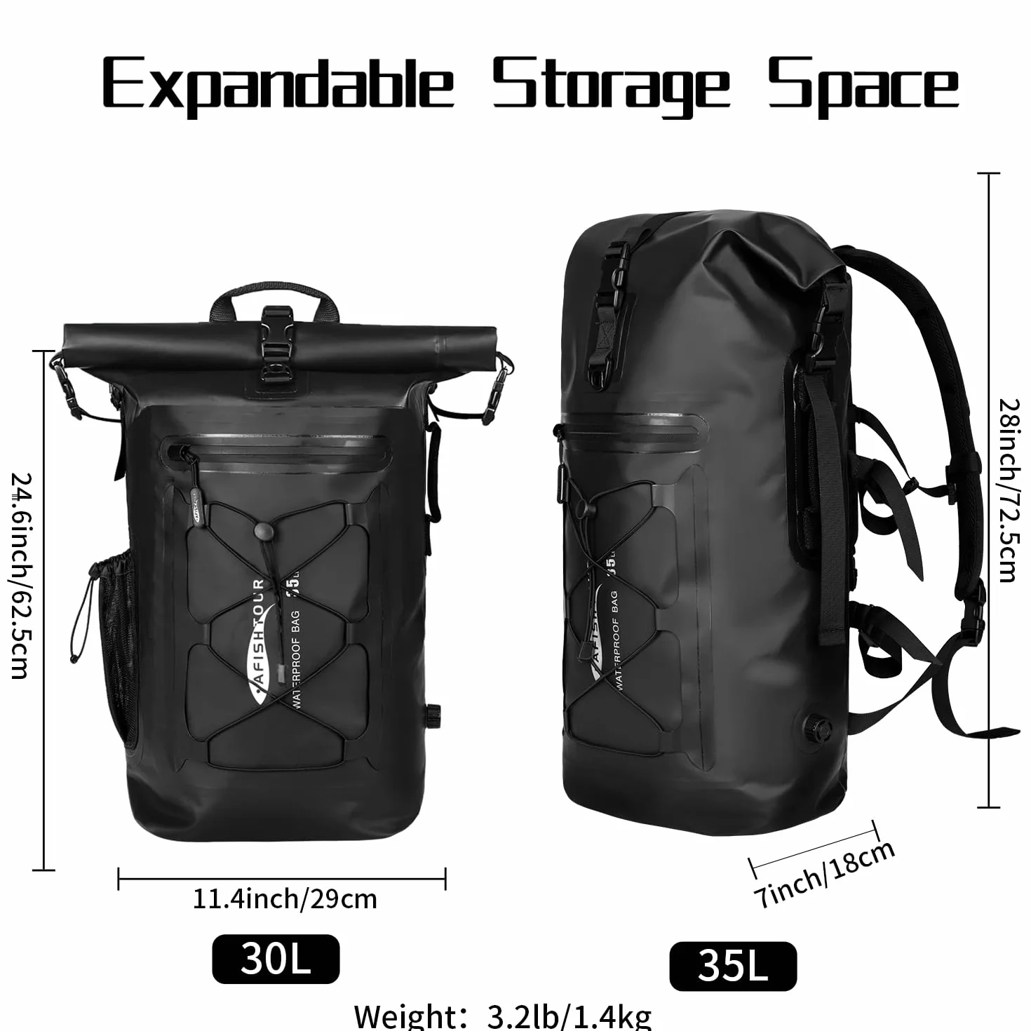 Mochila impermeable resistente al agua – 35 L enrollable flotante bolsa seca mochila para motocicletas y kayak, Negro, 35L, Viajes