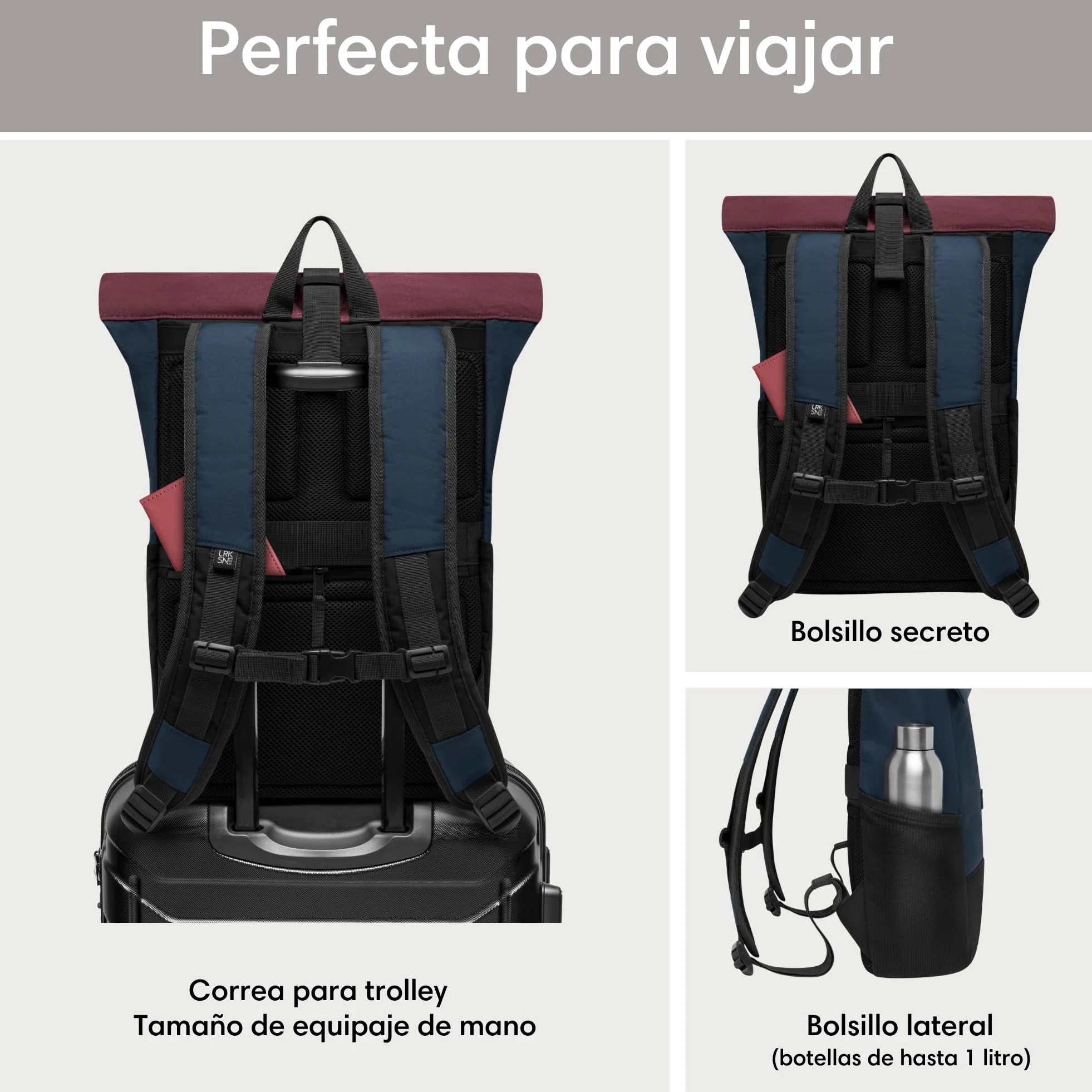 LARKSON Mochila Enrollable Hombre & Mujer - No 4 - Macuto para Viaje, Uni, Trabajo - de Botellas Pet Recicladas - Bolso para Portátil - Impermeable