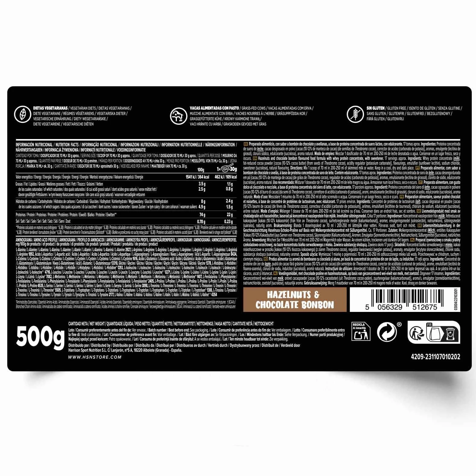 HSN Evowhey Protein Chocolate y Avellanas 500g Concentrado de Proteína de Suero WPC No-GMO Vegetariano Sin Gluten