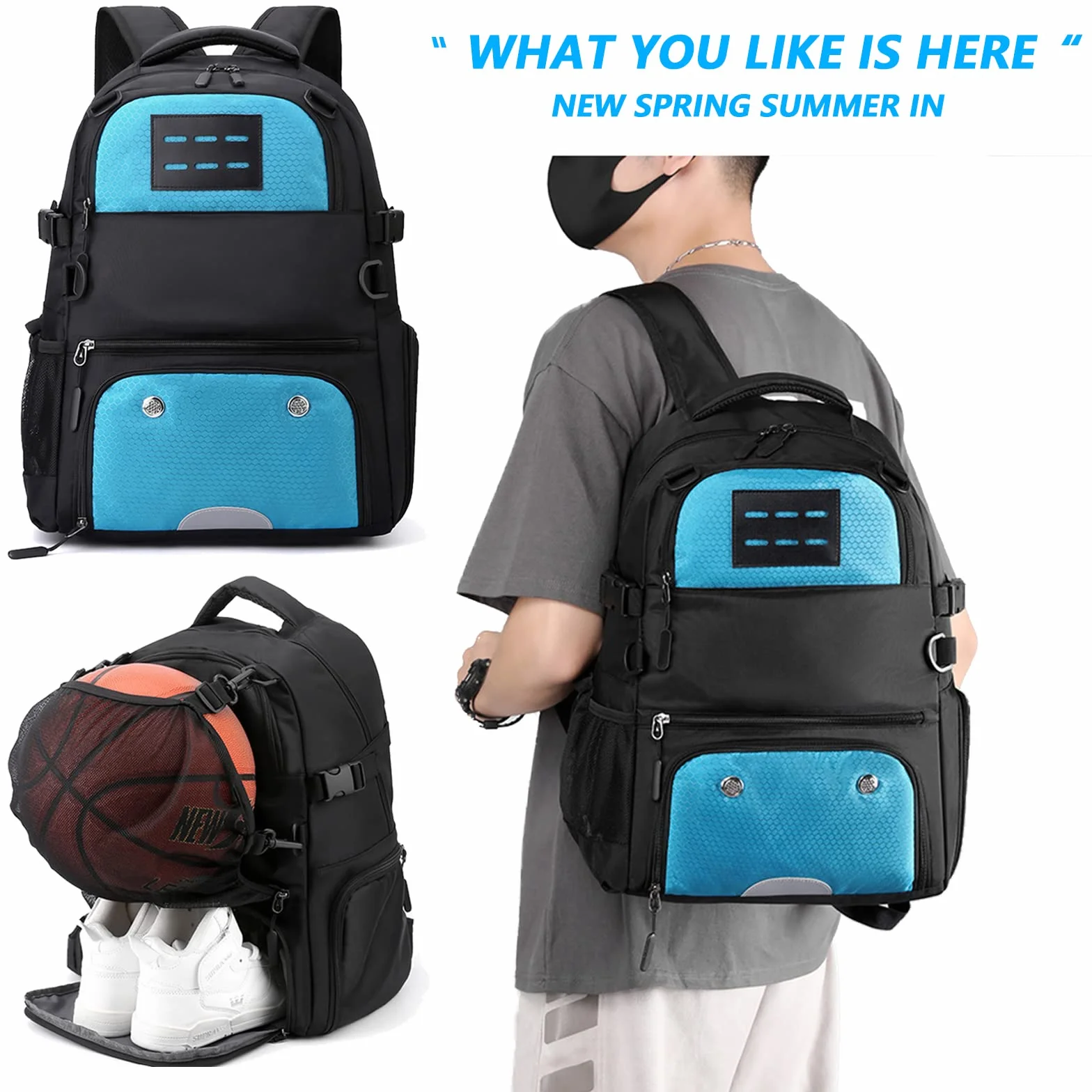 Aisny Bolsa de Baloncesto 30x20x49cm Mochila de Fútbol con Compartimiento para Balones y Zapatos