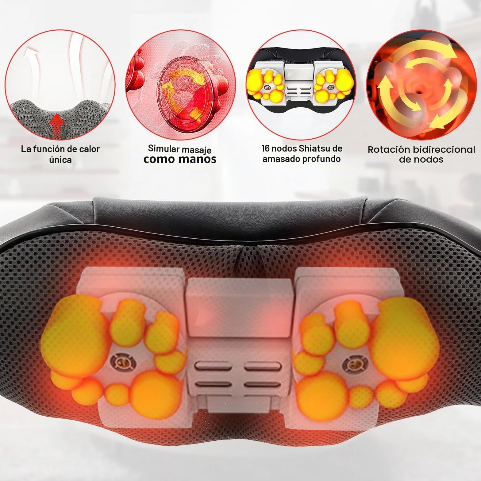 Masajeador Shiatsu 16 Cabezales de Masaje Integrados Hombros Cuello 3 Velocidades Dirección Ajustable Calor