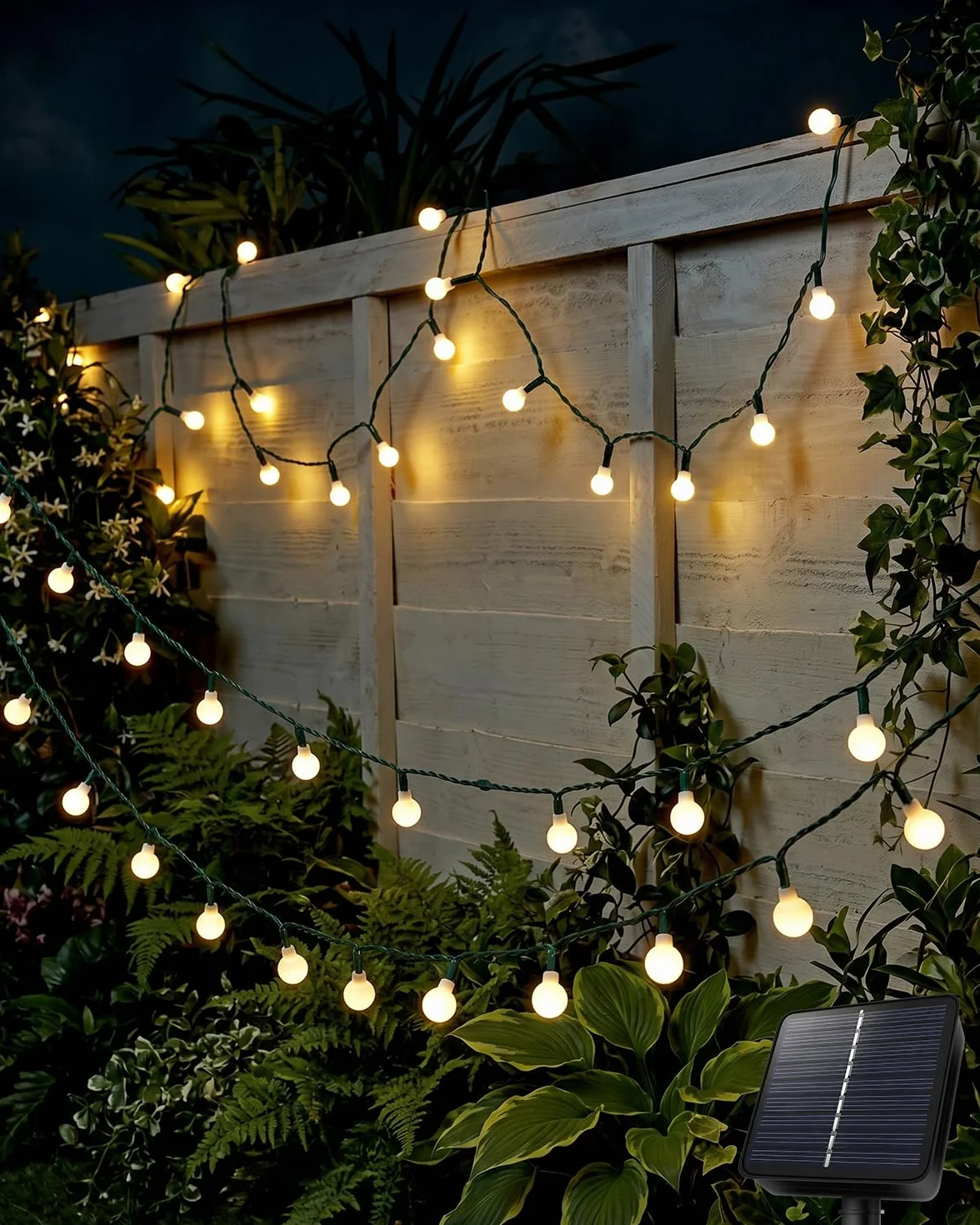 Cadena de luces solares exteriores 14m 120 LED IP65 blanco cálido 8 modos