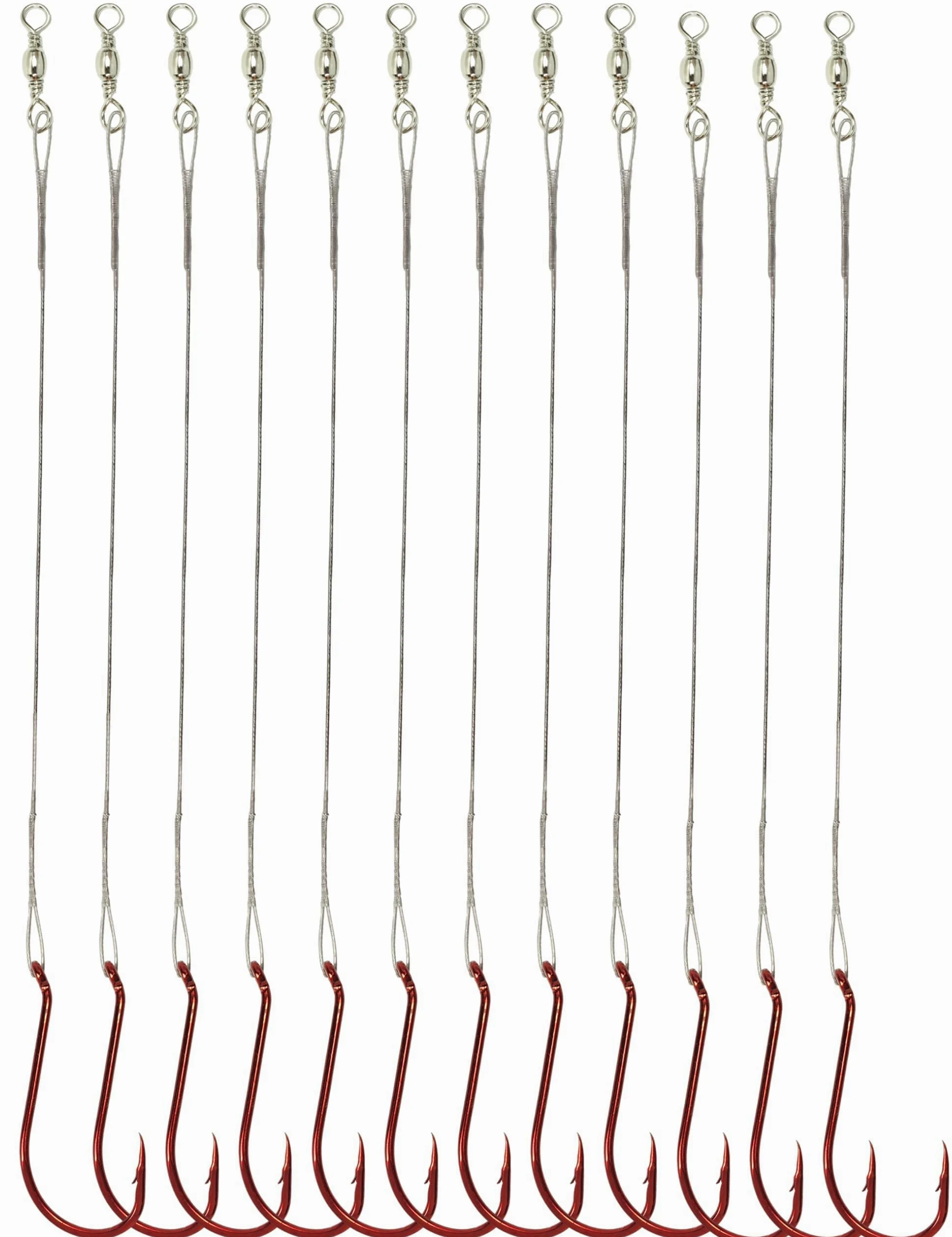 100 anzuelos de pesca de pulpo rojo con líderes de alambre de acero, anzuelo de pesca circular preatado para peces dentados, aparejos de acero de alto carbono para bagre, trucha, lucio