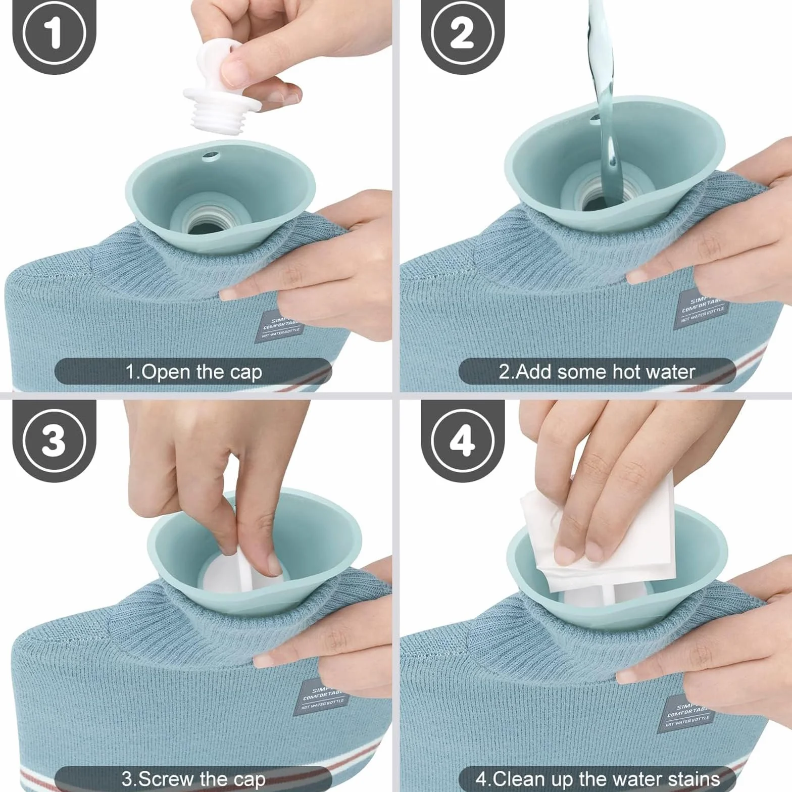 Bolsa de Agua Caliente 2L con Funda de Peluche Antifugas para Dolor Muscular y Menstrual (Azul)