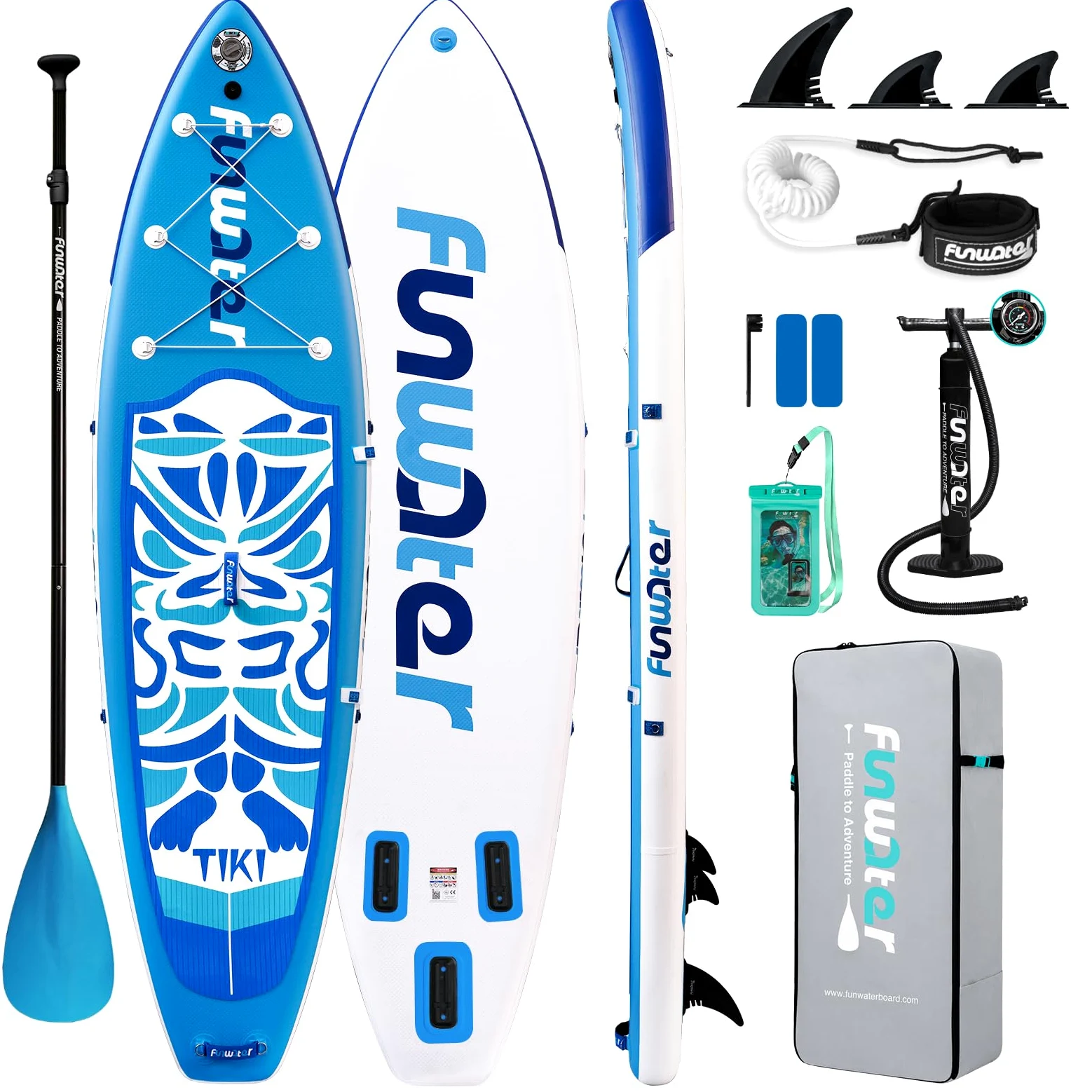 FunWater Sup Inflable Ultraligero (17.6 Libras) para Todos los Niveles de Habilidad, Todo Incluido con Tabla de Remo de pie, Pala Adj, Bomba, Mochila de Viaje ISUP, Correa, Bolsa Impermeable