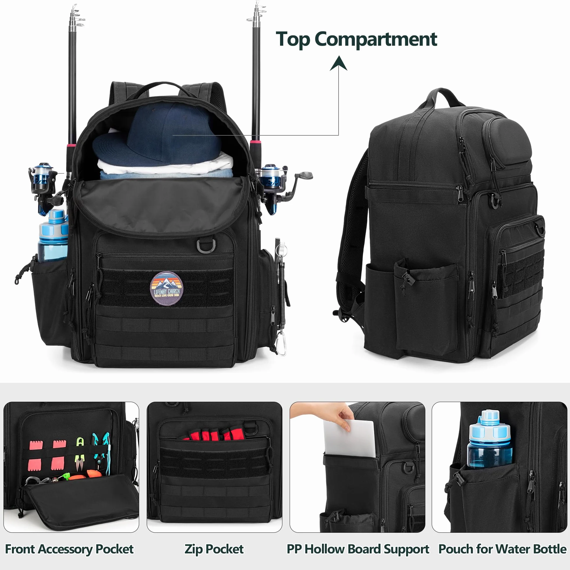 Rexmica Mochila de Pesca para 2 Cañas y Carretes, Bolsa para Cañas con Compartimentos para Cajas de Aparejos, Ideal para Pesca, Senderismo, Camping y Trekking, Negro (Solo Bolsa)