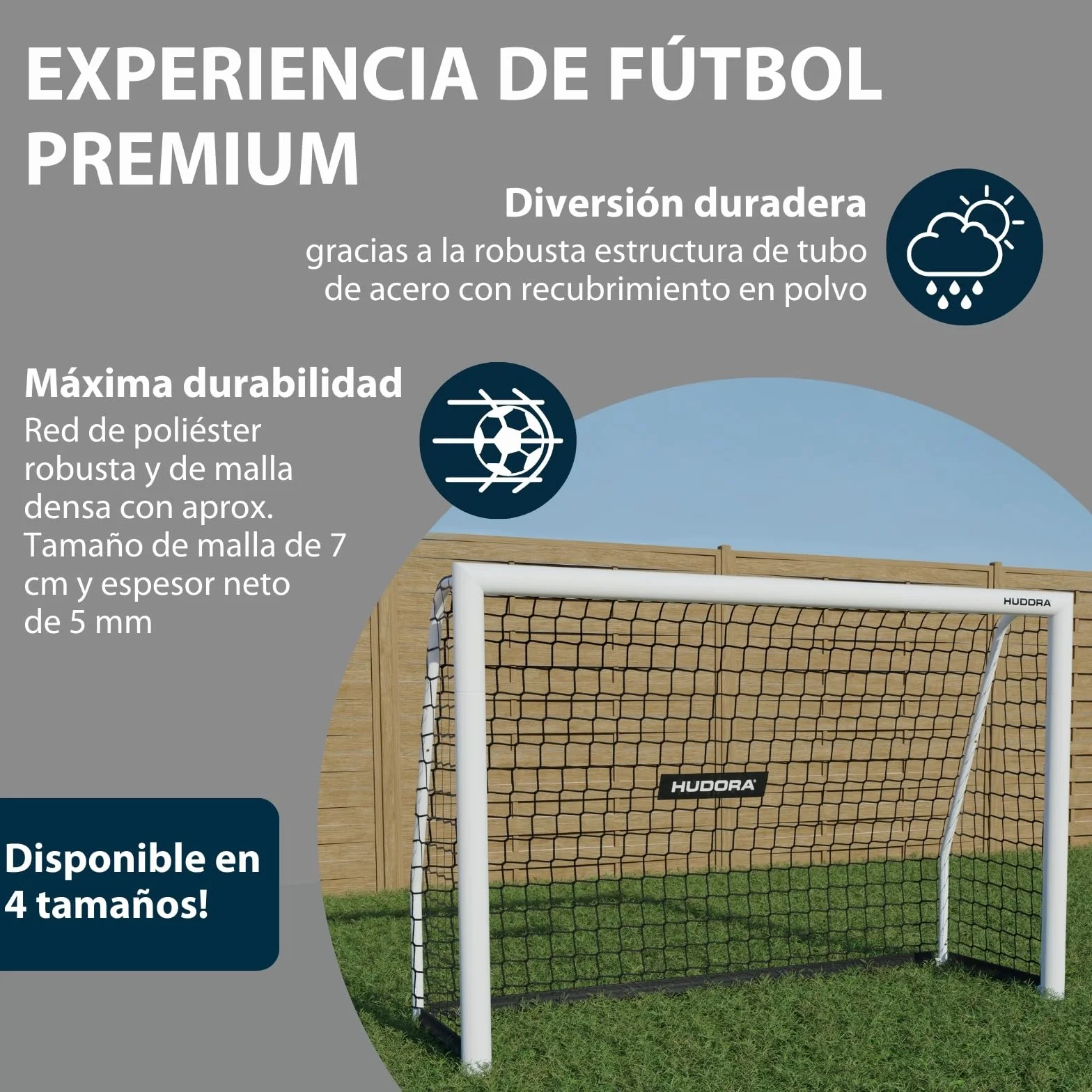 HUDORA Portería de Fútbol Avanzada 300 Blanco I para Niños/Jóvenes & Adultos I Ideal para Jardín I Impermeable & Estable para Entrenamiento de Fútbol con Red de Malla Fina