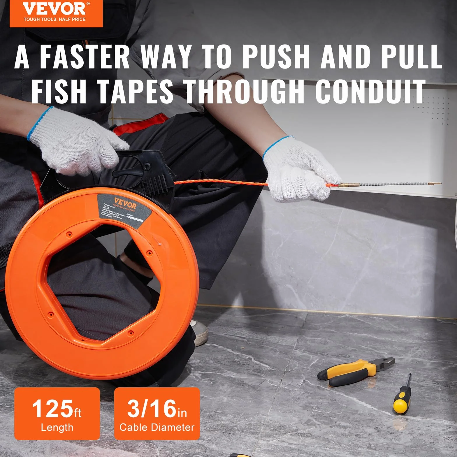 VEVOR Carrete de Cinta para Peces Longitud de 38,1 m Diámetro de 6,35 mm Extractor de Alambre PET Cinta de Pescar con Carcasa y Mango Herramientas de Pesca de Alambre Flexible con Caja de Plástico