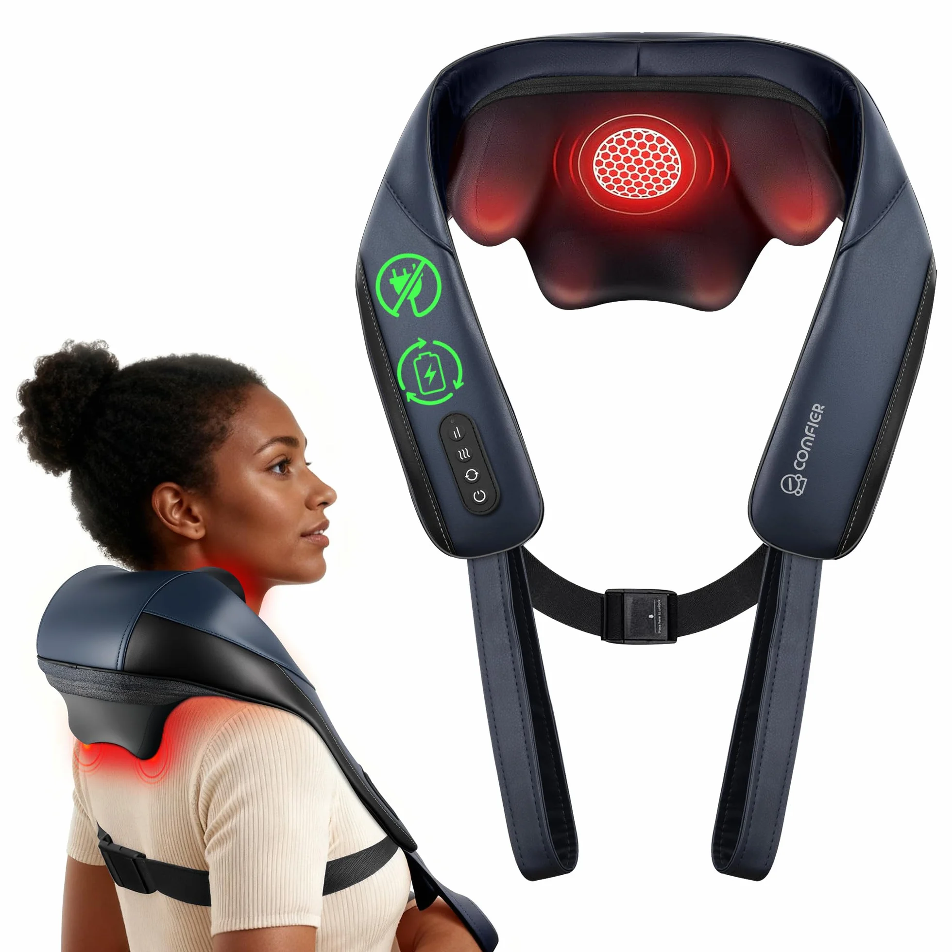 COMFIER Masajeador Cervical Shiatsu con Calor, Inalámbrico, Calentamiento Grafeno, Cojín Masaje 4D Amasamiento, Regalo