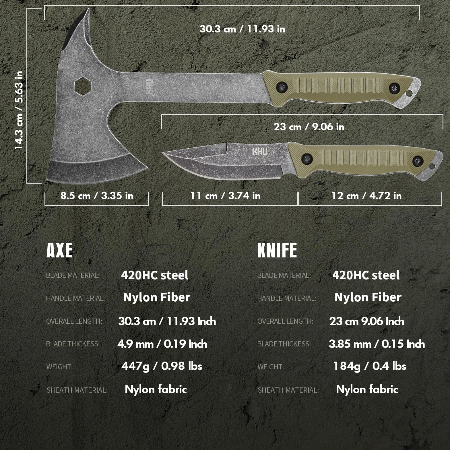 KHU 420HC Acero Cuchillo de Caza Hacha Supervivencia Hoja Fija con Funda Camping Bushcraft 07A