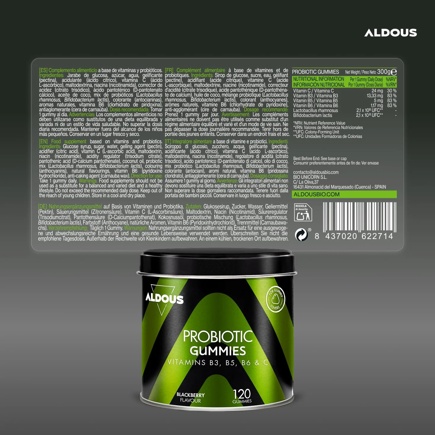 ALDOUS Probióticos Intestinales Gominolas 120 Gummies Sabor Natural Mora Flora Intestinal Bifidobacterium Lactobacillus