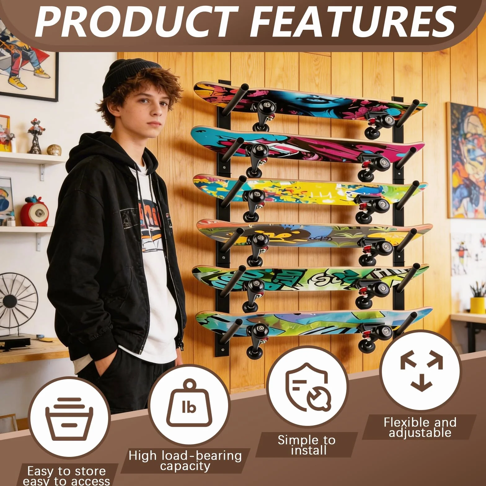 Soporte De Pared Para Monopatines, 6 Niveles, Acero Negro, Universal Para Longboards, Snowboards Y Wakeboards