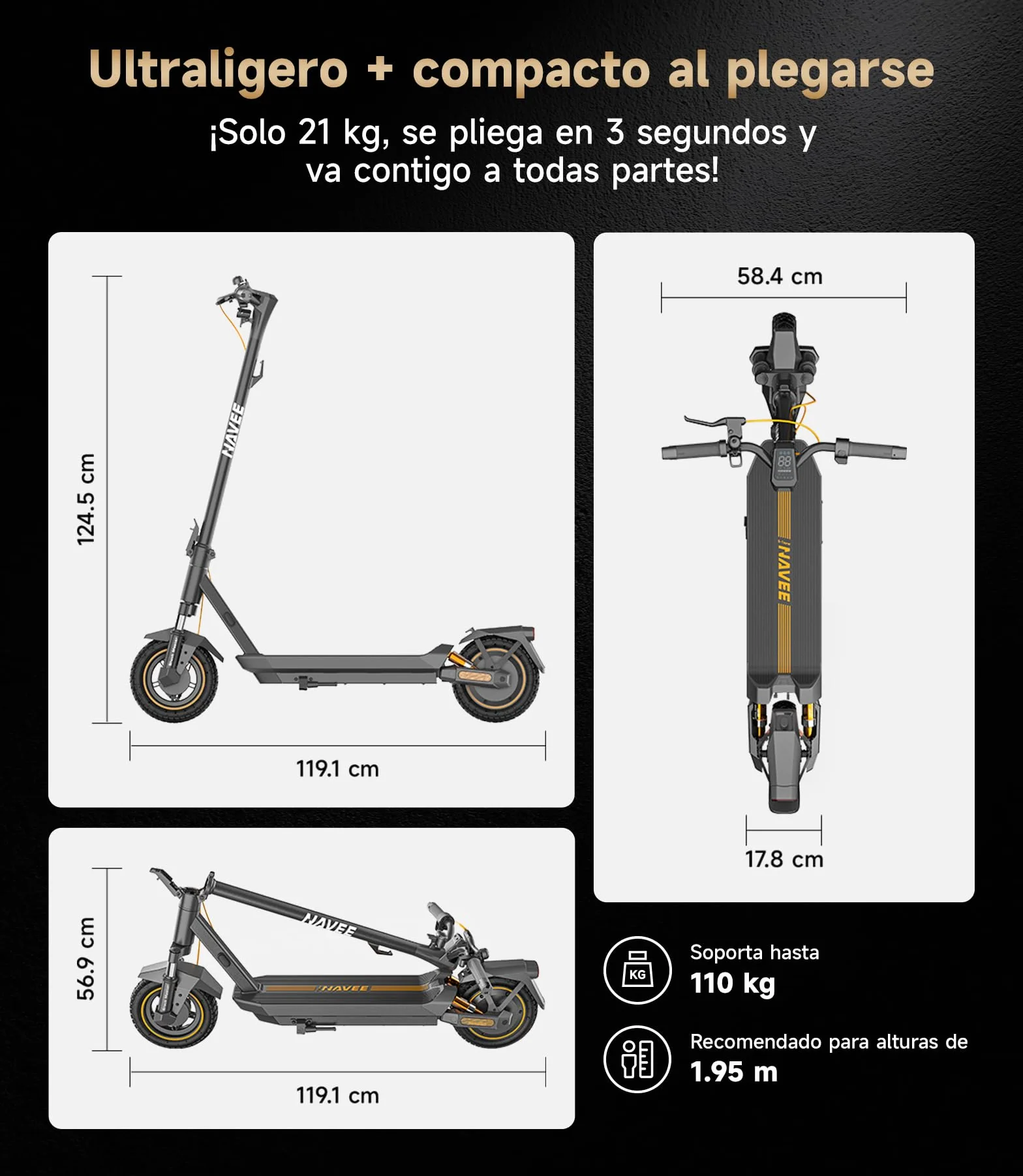 NAVEE Patinete Eléctrico Adultos GT3 ST3 Serie 50-75km 700-1000W Absorción Cuádruple Choques TCS 18-22% Pendiente Neumáticos Tubeless 10"