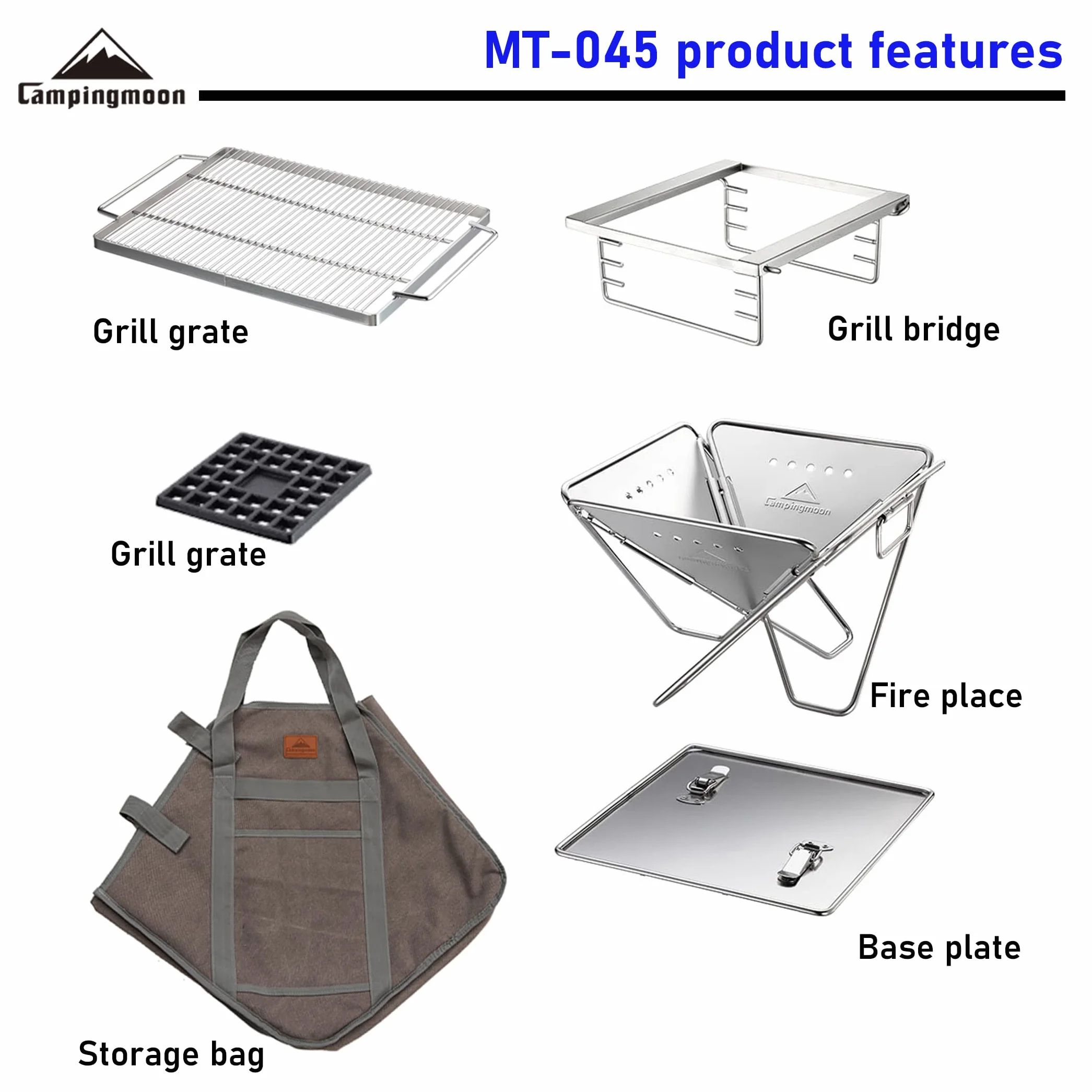 Campingmoon MT-045 - Parrilla plegable de acero inoxidable para barbacoa