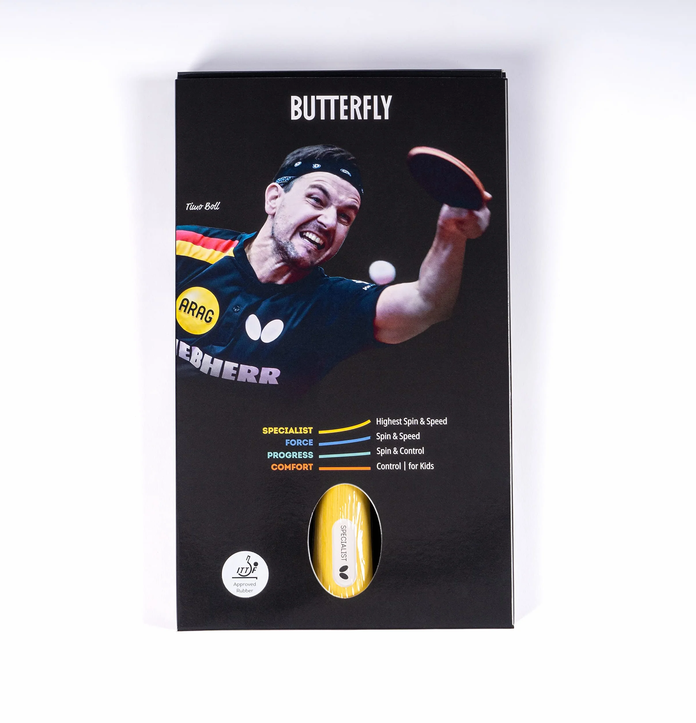 Raqueta de Tenis de Mesa BUTTERFLY Specialist | Raqueta de Tenis de Mesa Profesional para Jugadores avanzados y de competición | Gomas aprobadas por la ITTF Negro/Rojo | Superficie de Alto Agarre