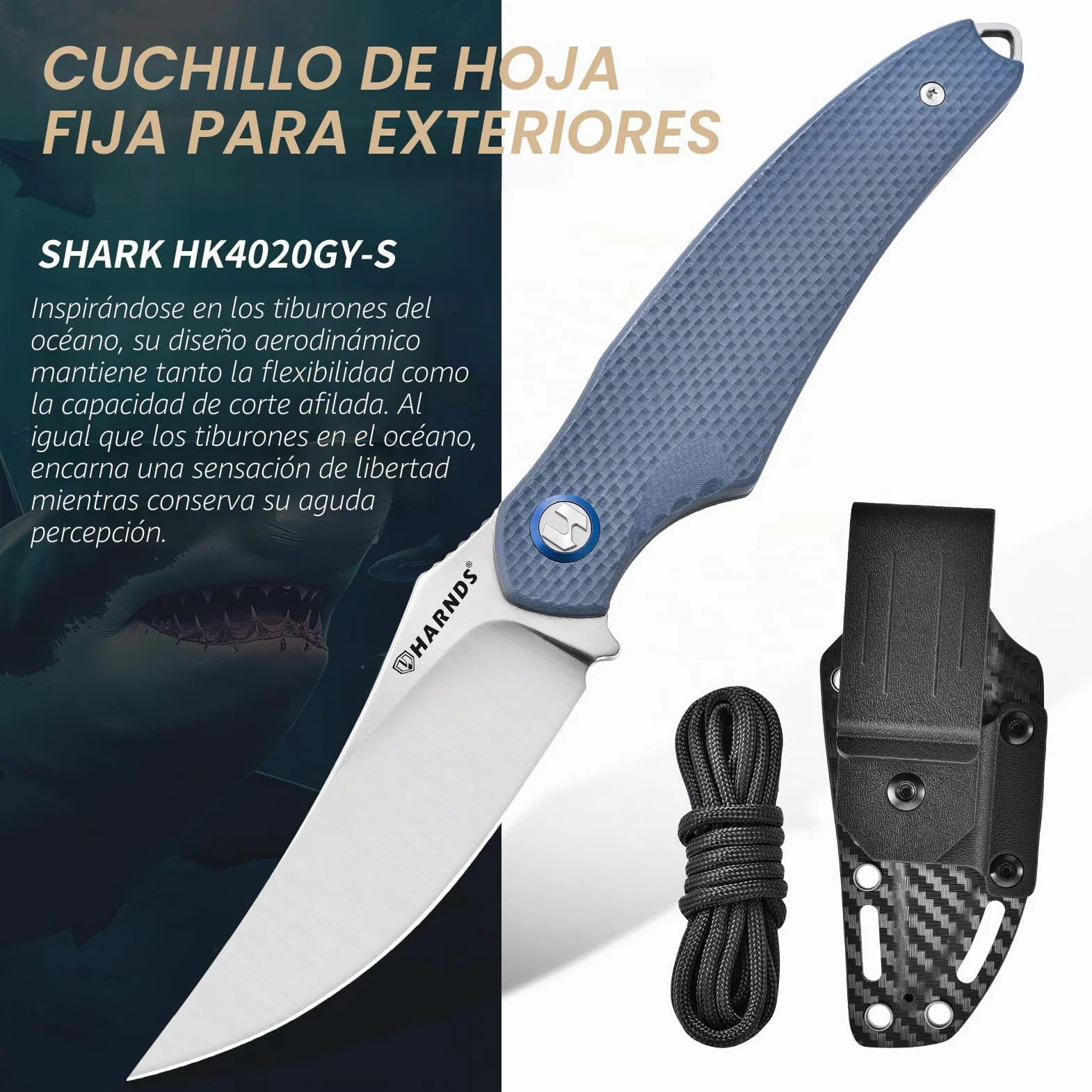 Harnds Tiburón Cuchillo de Hoja Fija para Outdoor con Funda Kydex Hoja de Acero D2 Ideal Cuchillo de Camping Cuchillo de Supervivencia Premium Cuchillo Bushcraft (Gris - Satín)