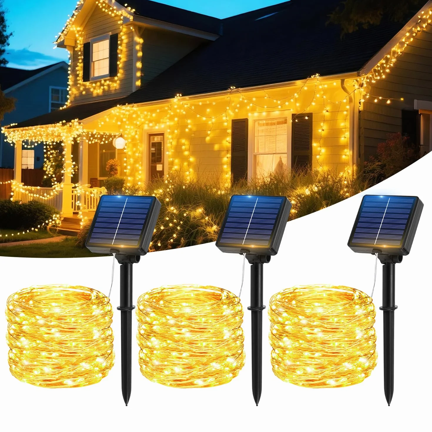 Hoteril Luces Solares Exterior LED 3x17M 150 LED IP65 8 Modos Guirnalda Solar Jardín