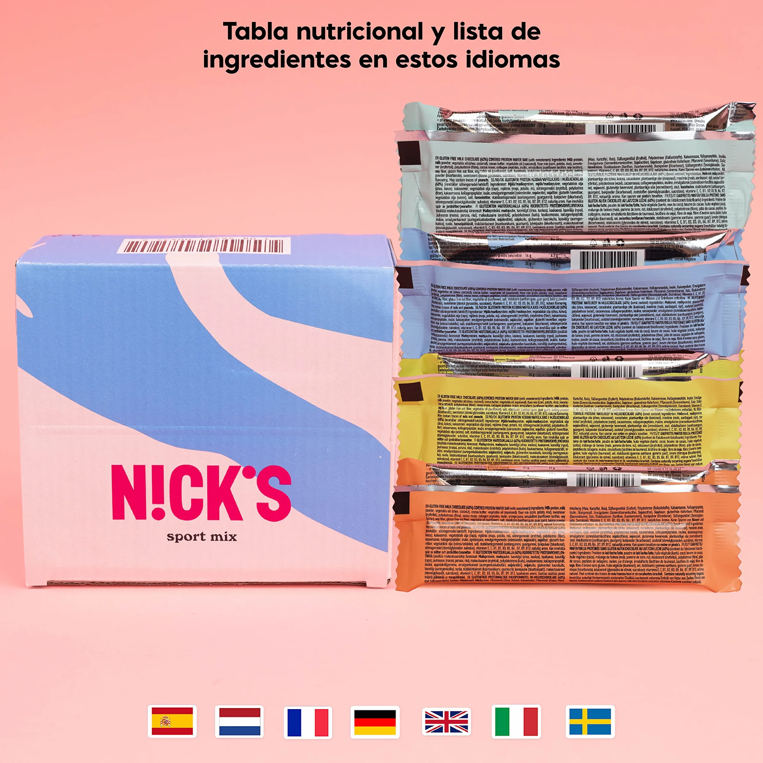NICKS Barritas Protein wafer 25% Proteína 203 calorías Chocolate Sin Azúcar Añadido Low Carb Snack Bar Sin Gluten 9x40g