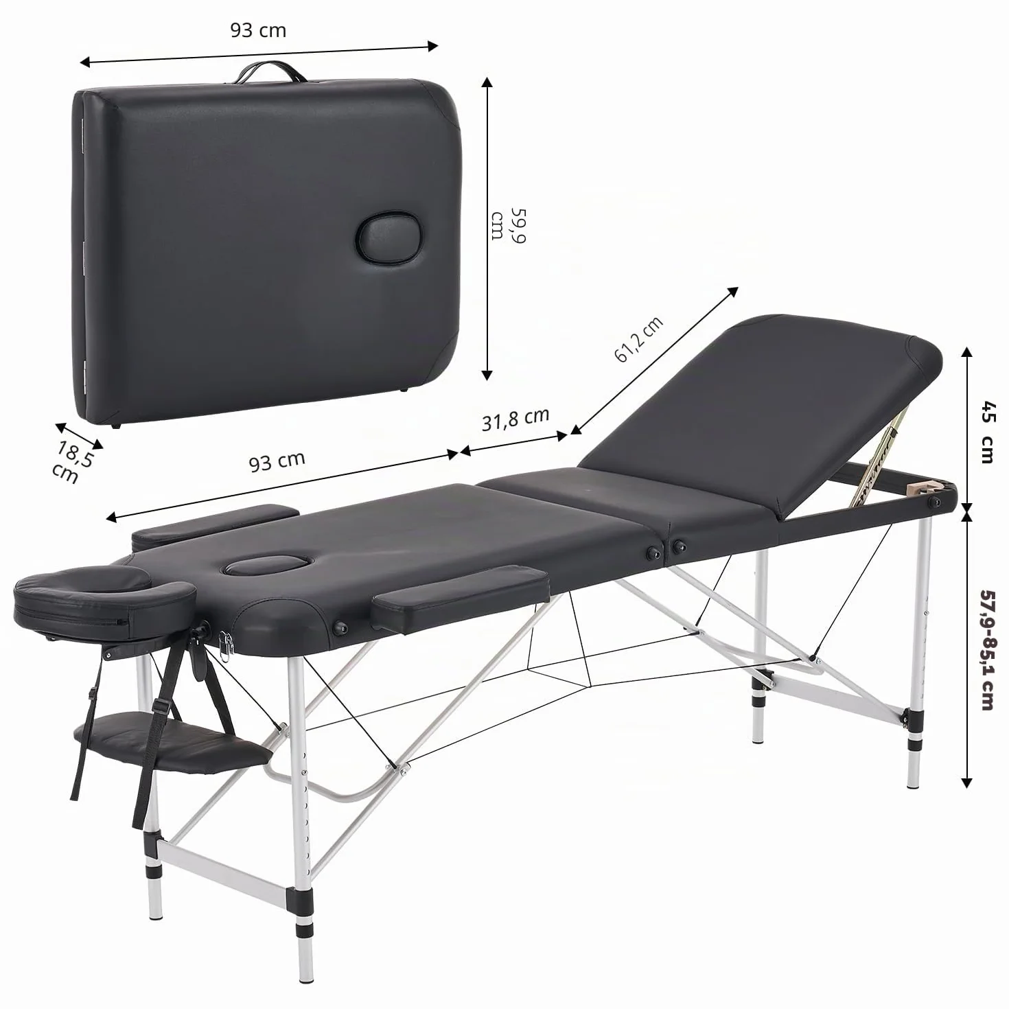 Camilla de Masaje Plegable Ajustable en Altura 3 Zonas Aluminio 186 x 60 cm Negro