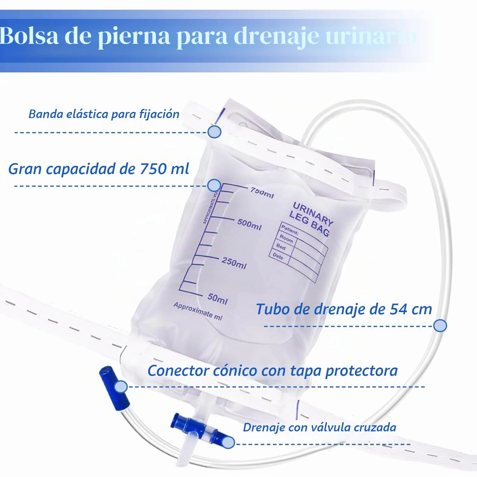 Bolsa de Orina 750ml, Bolsas de Drenaje con Película Antirreflujo, Válvula y Correas de Tela
