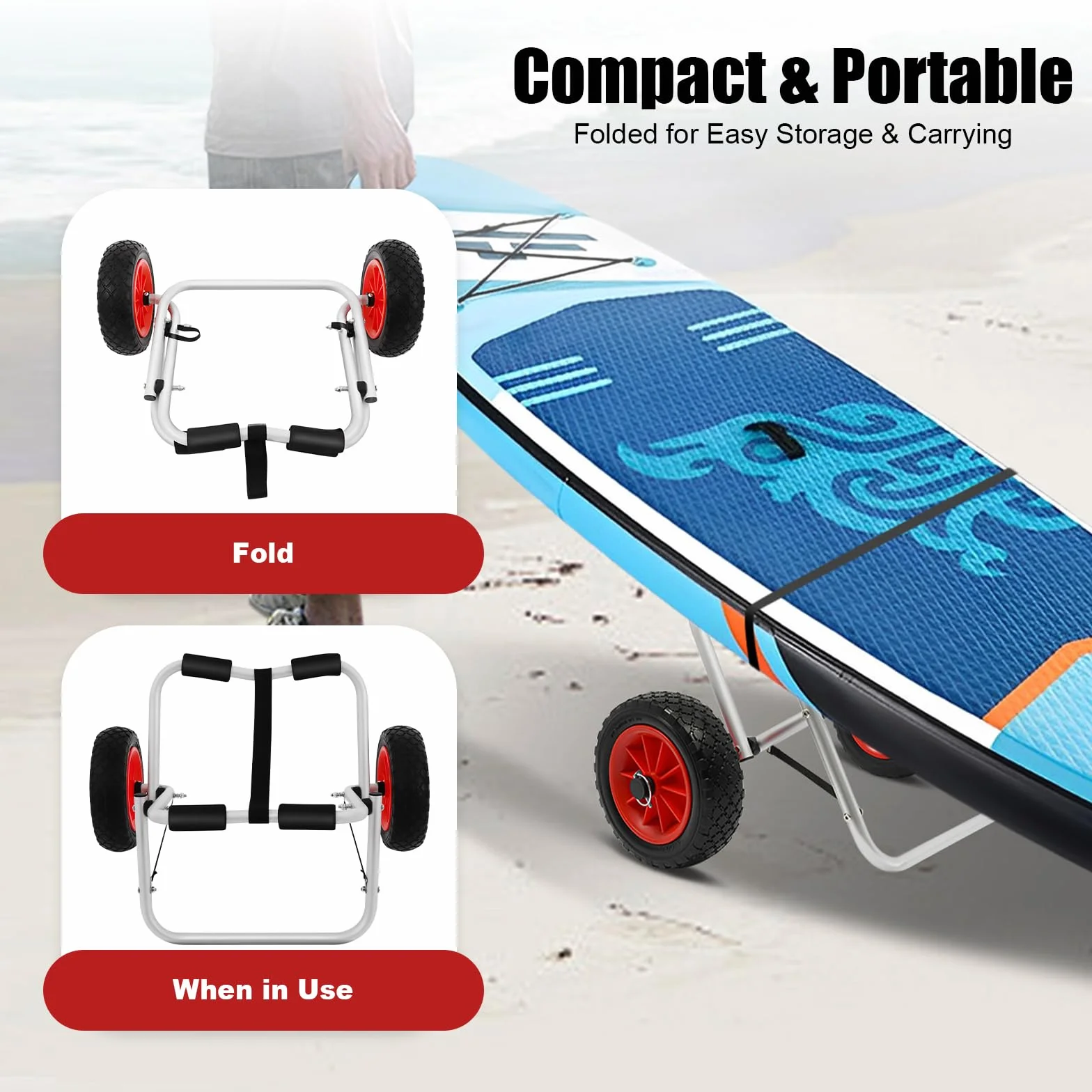 SUP - Carro de transporte para kayak, para playa, remo, ruedas de poliuretano de 10 pulgadas, plegable y desmontable, hasta 80 kg