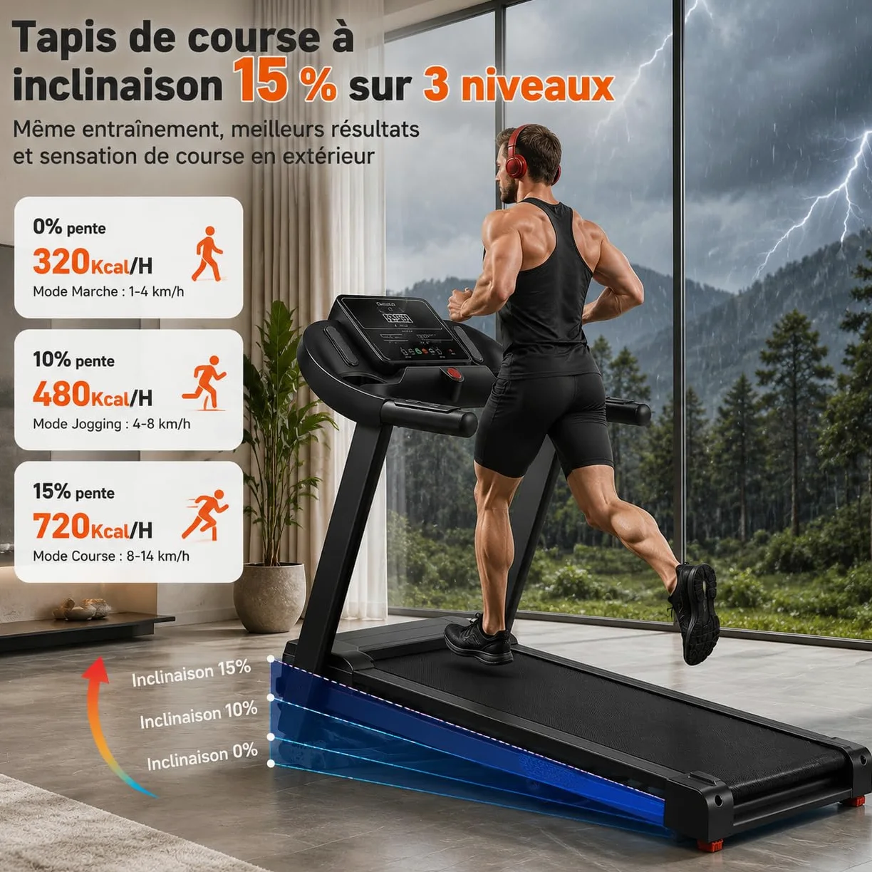 Cinta de correr plegable con inclinación al 15 %, motor sin escobillas de 3,0 HP, silencioso <45 dB, 12 + 3 programas inteligentes, amortiguación de 7 capas, sensores cardiovasculares, ahorra
