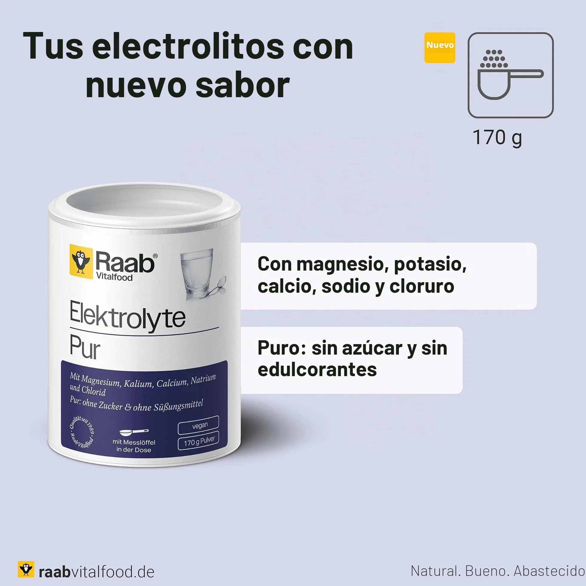 Raab Vitalfood Electrolitos Pur 170 g - Electrolitos sin azúcar, vegano, para deportistas, pérdida de líquidos, músculos, nervios