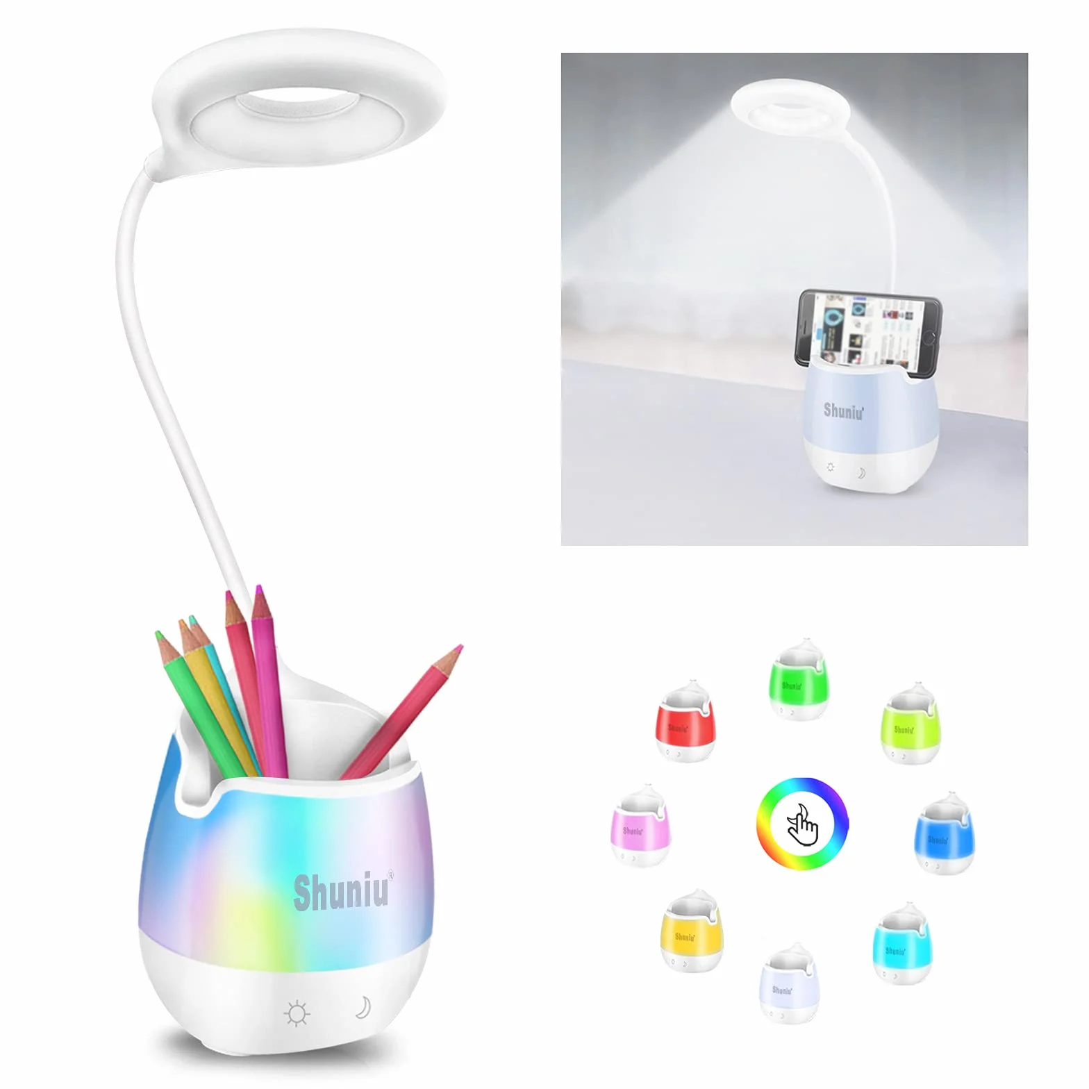 Lámpara de escritorio LED Shuniu 360° flexible 20 LED 3 niveles de brillo luz nocturna RGB con soporte para teléfono móvil
