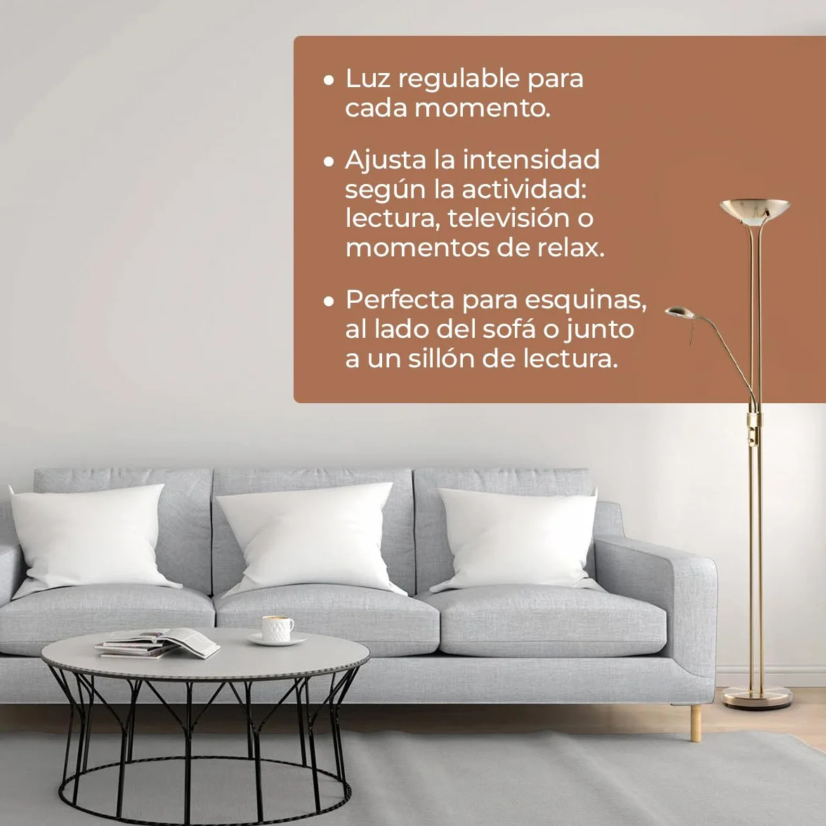 Lámpara pie salón LED SMD metal oro viejo 17W 3000K 1600lm H180cm Ancho 50cm IP20
