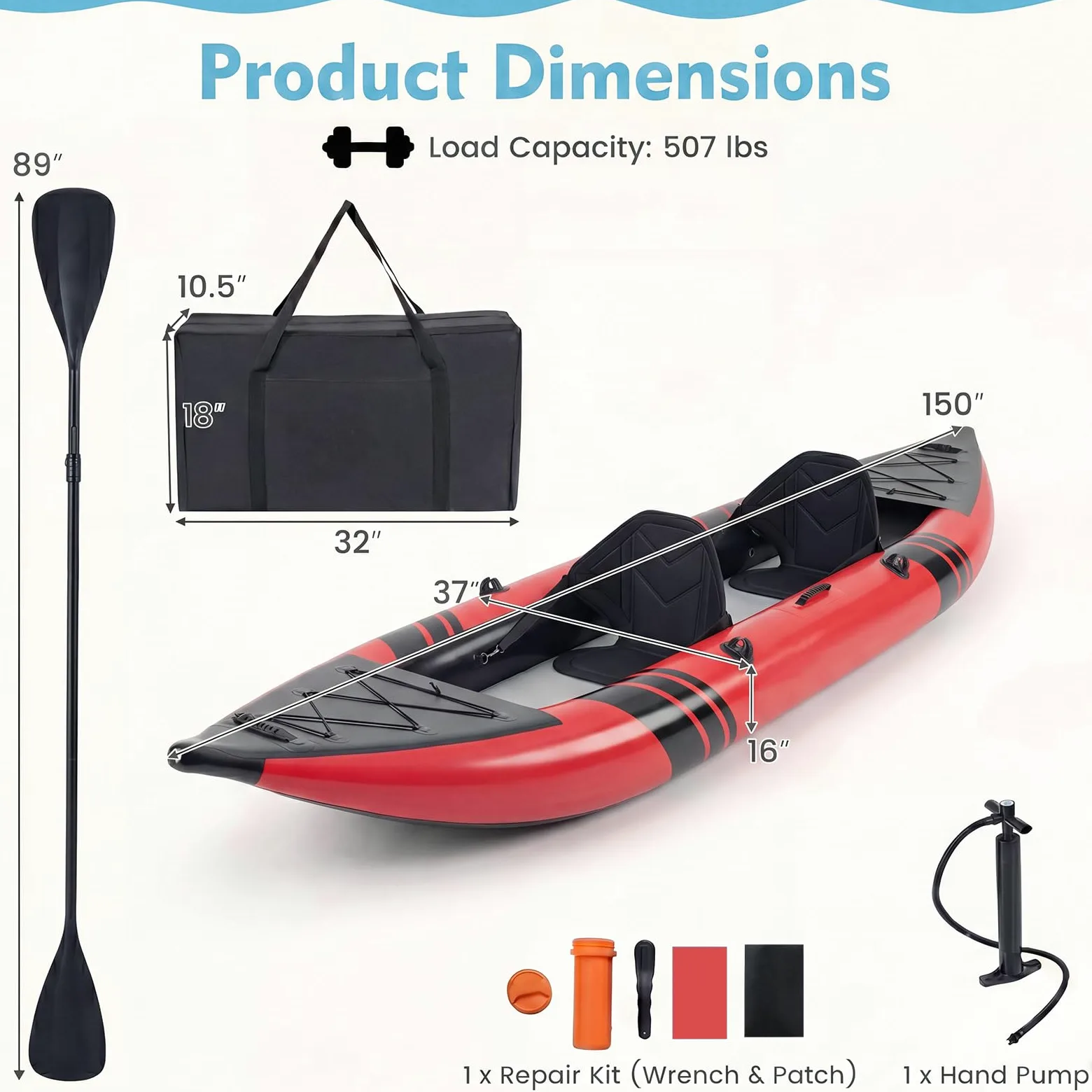 GYMAX Kayak Inflable, Kayak tándem de 12.5 pies y 230 kg con 2 paletas de Aluminio, 2 Asientos Acolchados, reposapiés, 2 Aletas, Bomba de Mano, Bolsa de Transporte y Kit de reparación, Kayak de Pesca