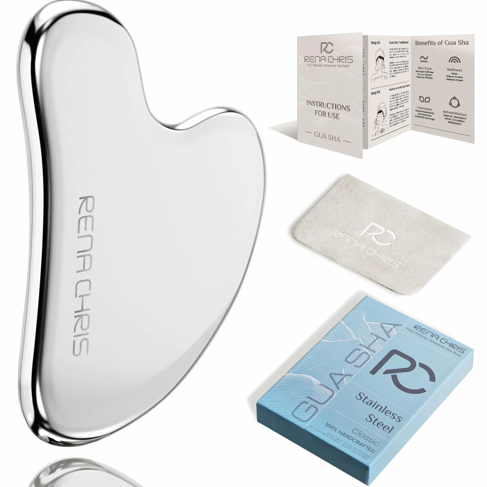 Rena Chris Gua Sha Facial Masajeador de Acero Inoxidable para Esculpir la Mandíbula, Eliminar Bolsas de Ojos, Regalo Cuidado de la Piel (Plata)