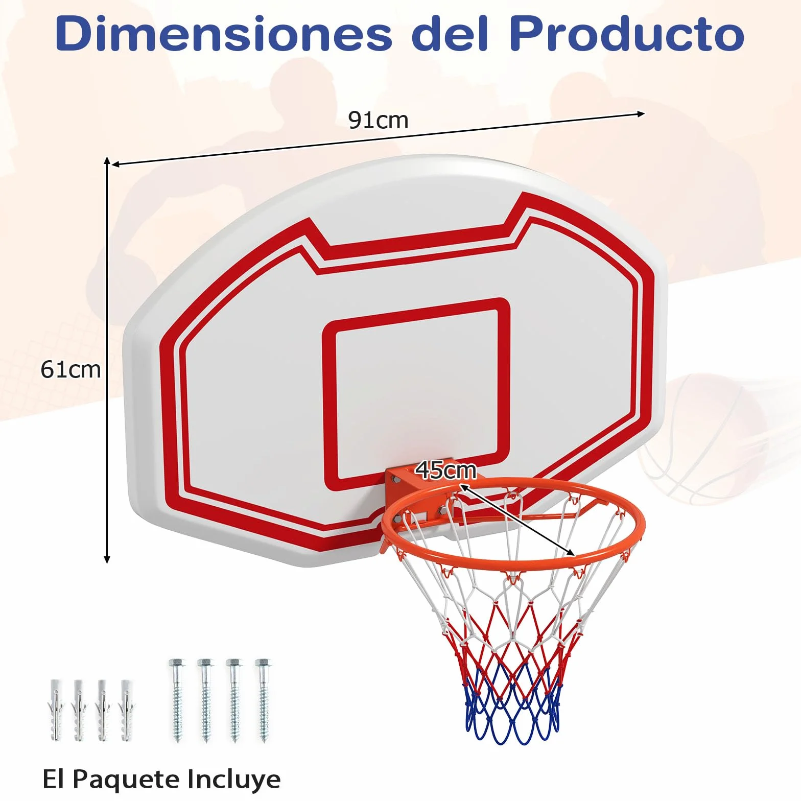 GOPLUS Canasta de Baloncesto de Montaje en Pared, Tablero de PE 91x61 cm, Aro Estándar de 45 cm