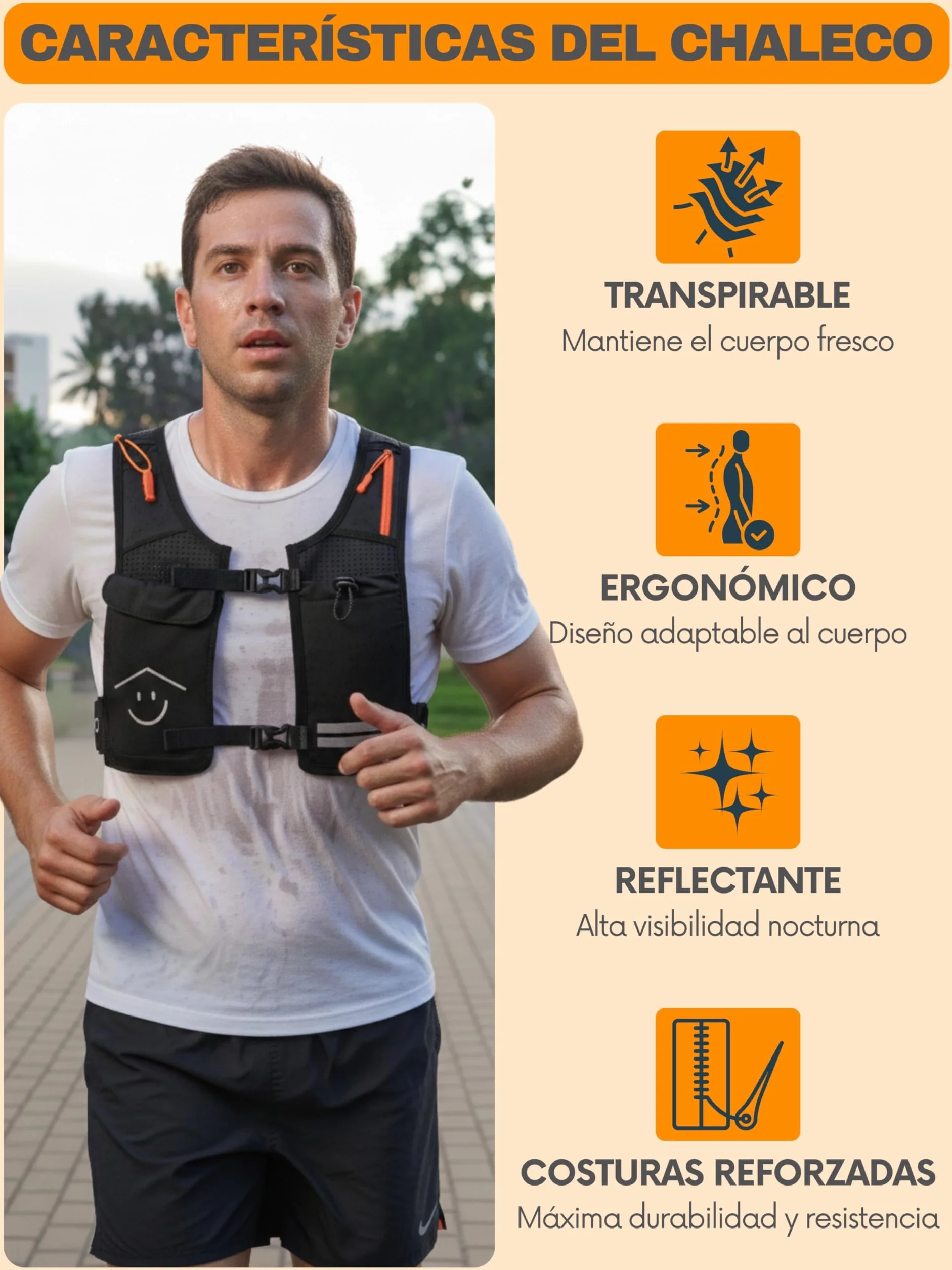 Chaleco Running Seguridad Hombre Mujer Ligero Sin Rebote 7 Bolsillos Transpirable Reflectante