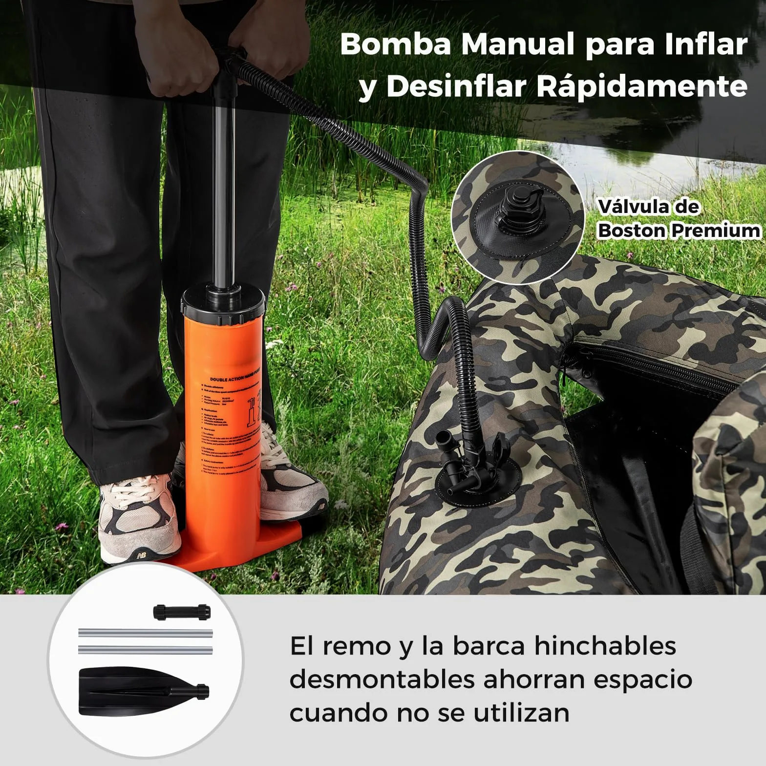 COSTWAY Barco de Pesca Inflable, Kayak Hinchable con 2 Aletas, Bomba Manual, Regla para Peces, Soporte para Caña, Bolsillos, Respaldo Ajustable y Correas, Bote Portátil para Adultos, Camuflaje