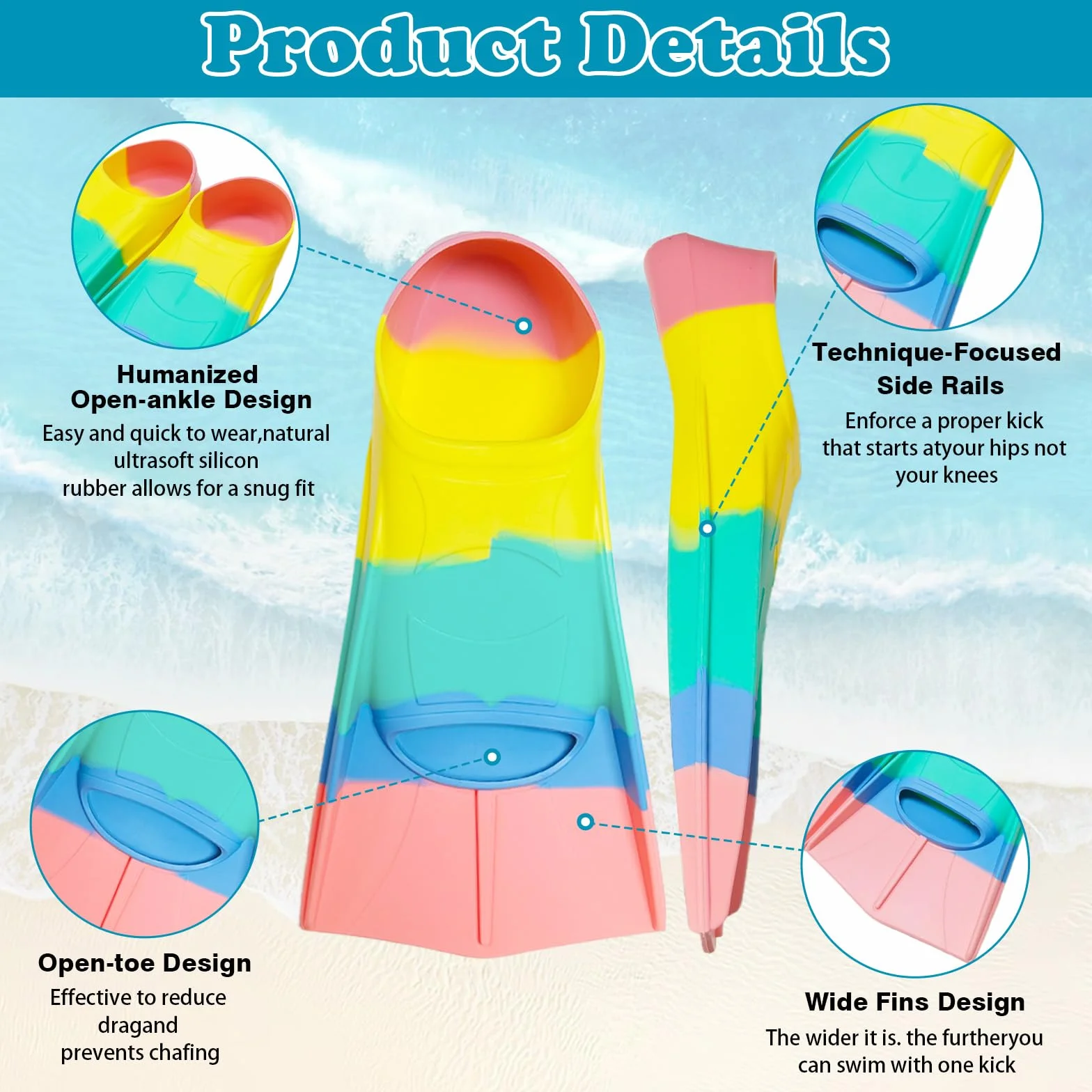 Aletas de natación para niños, 100% silicona, aletas de entrenamiento, aletas de natación para niños y adultos, entrenamiento de agua abierta, snorkeling