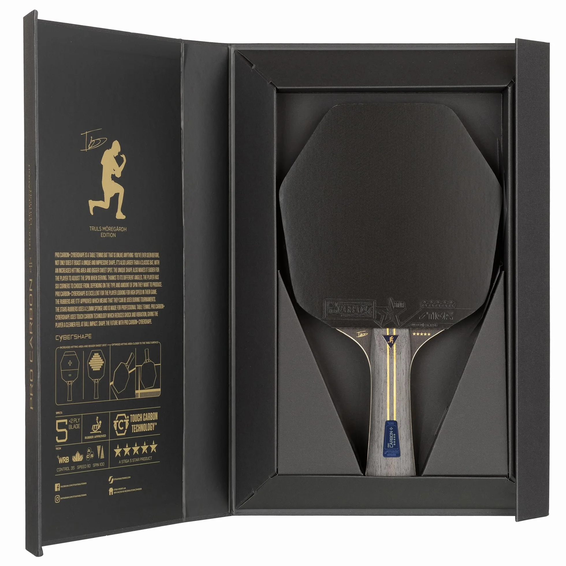 STIGA Pro Carbon Plus Cybershape Truls Edition Pala de Tenis de Mesa, 5 Estrellas; Sweet Spot Optimizado más Grande, Touch Carbon Technology, Goma STAR5 Aprobada por la ITTF, para Jugadores Ofensivos